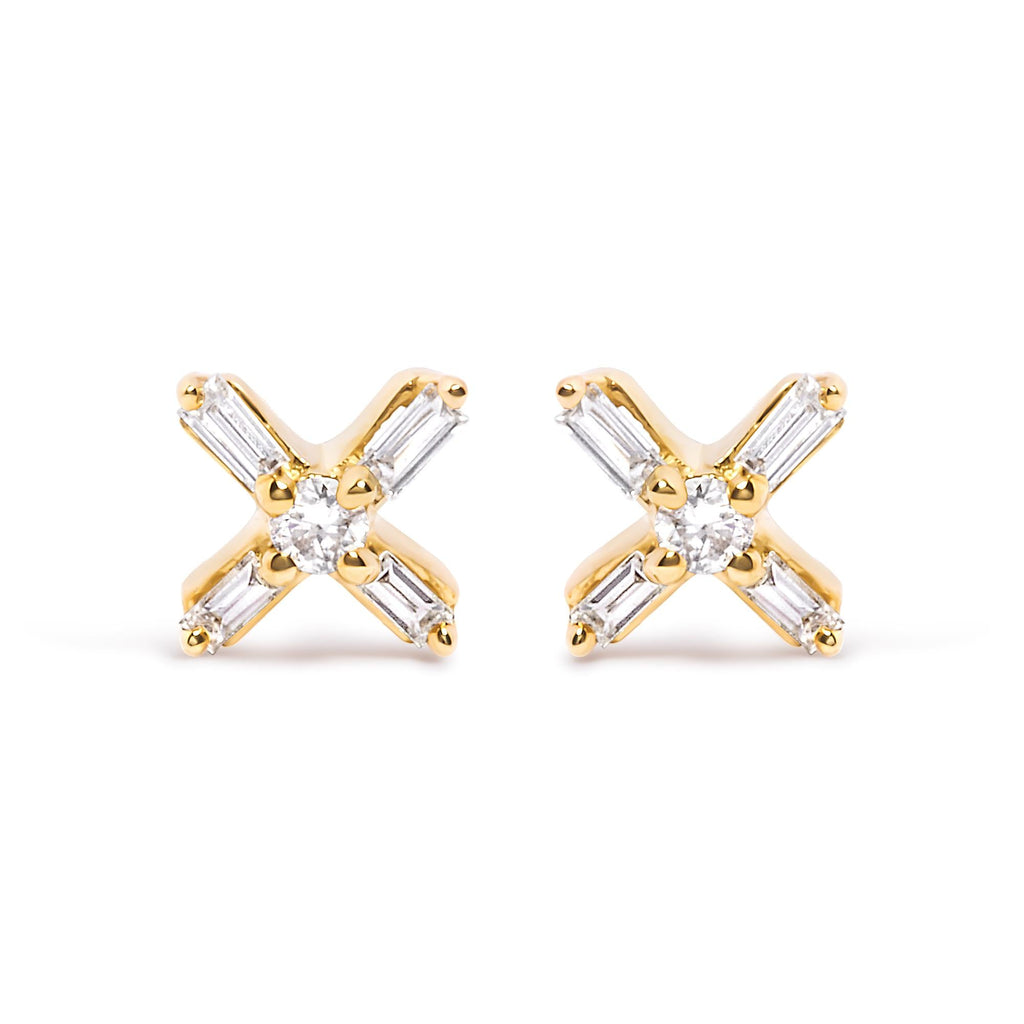 10K Yellow Gold 1/10 Cttw Round and Baguette Diamond Criss Cross X Stud Earring (H-I Color, I1-I2 Clarity) - Friggin Jewelry