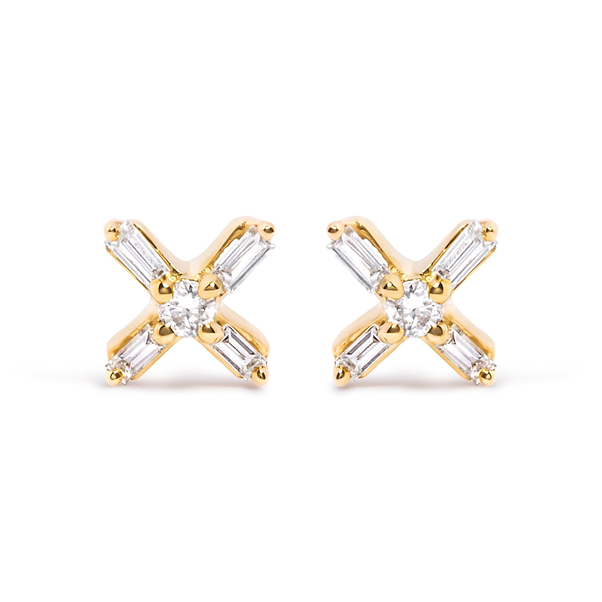 10K Yellow Gold 1/10 Cttw Round and Baguette Diamond Criss Cross X Stud Earring (H-I Color, I1-I2 Clarity) - Friggin Jewelry