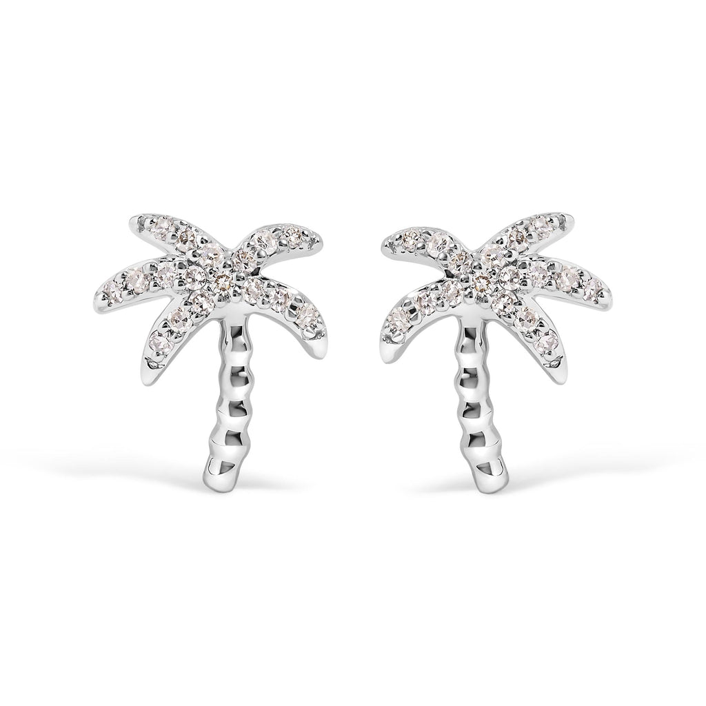 Aretes tipo palmera en oro blanco de 10 quilates con incrustaciones de diamantes de 1/10 quilates (color HI, claridad I1-I2) - Friggin Jewelry