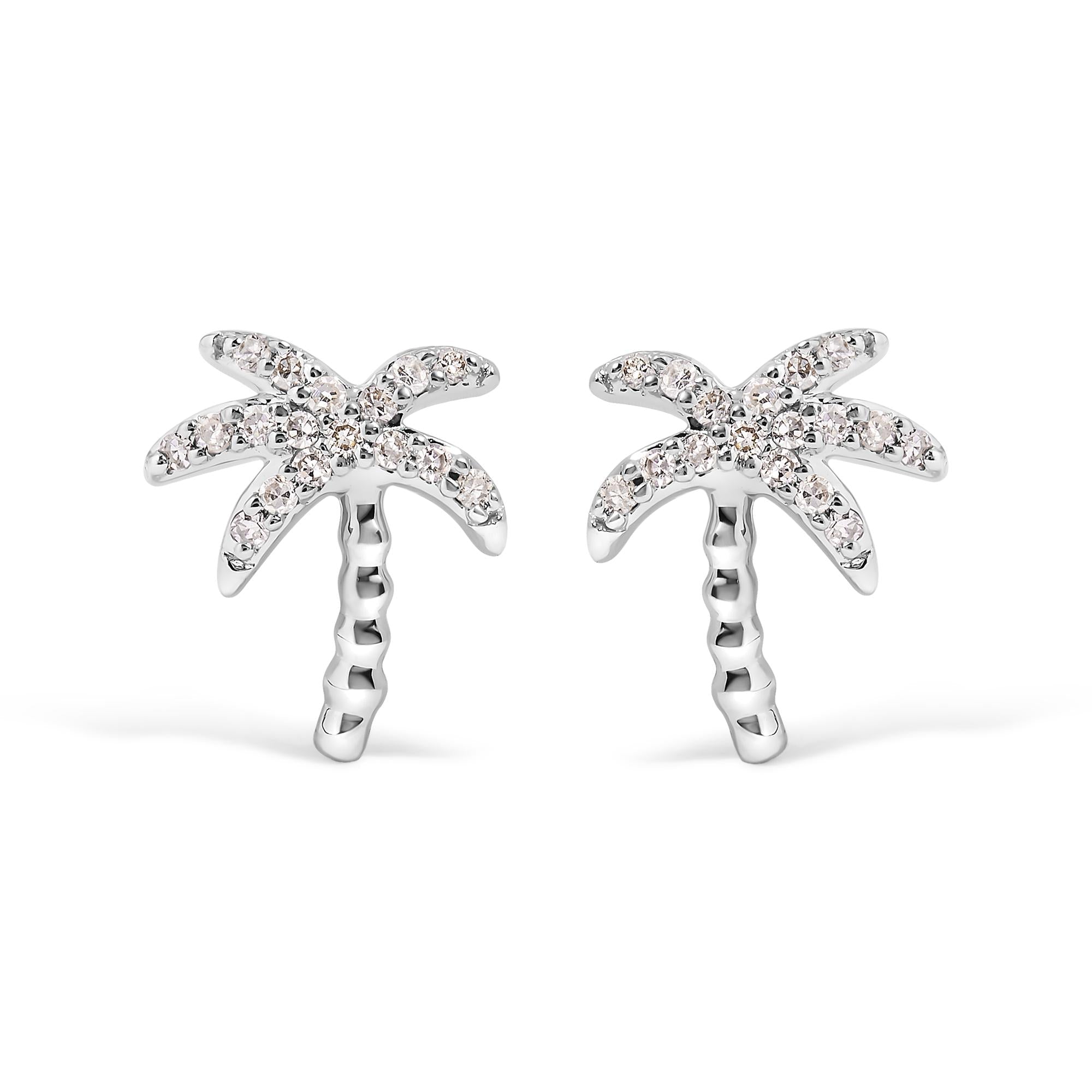 Aretes tipo palmera en oro blanco de 10 quilates con incrustaciones de diamantes de 1/10 quilates (color HI, claridad I1-I2) - Friggin Jewelry