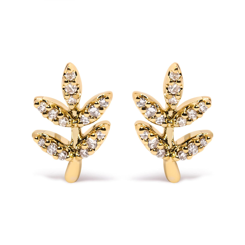 10K Yellow Gold 1/10 Cttw Diamond Accented Leaf and Branch Stud Earrings (H-I Color, I1-I2 Clarity) - Friggin Jewelry