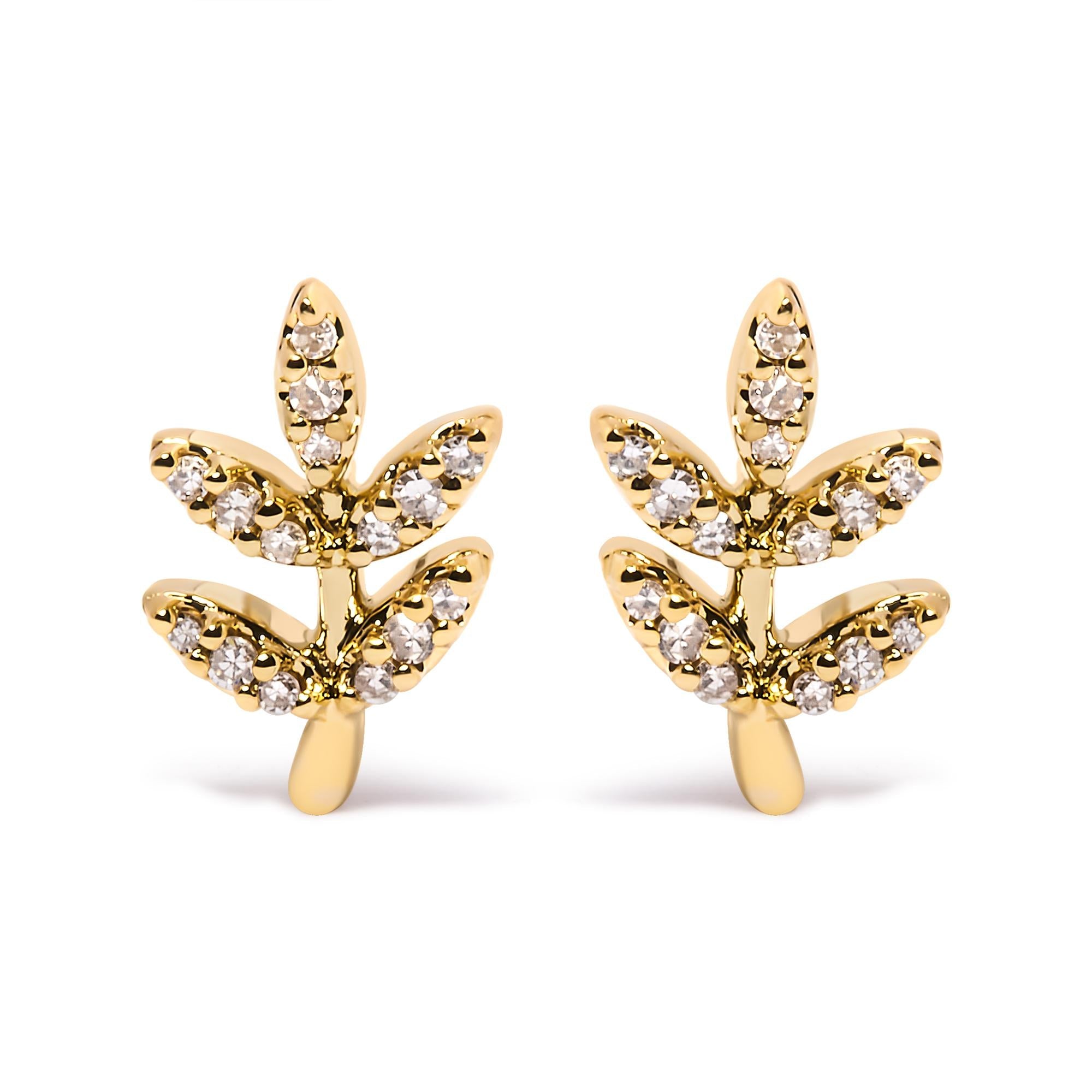 10K Yellow Gold 1/10 Cttw Diamond Accented Leaf and Branch Stud Earrings (H-I Color, I1-I2 Clarity) - Friggin Jewelry