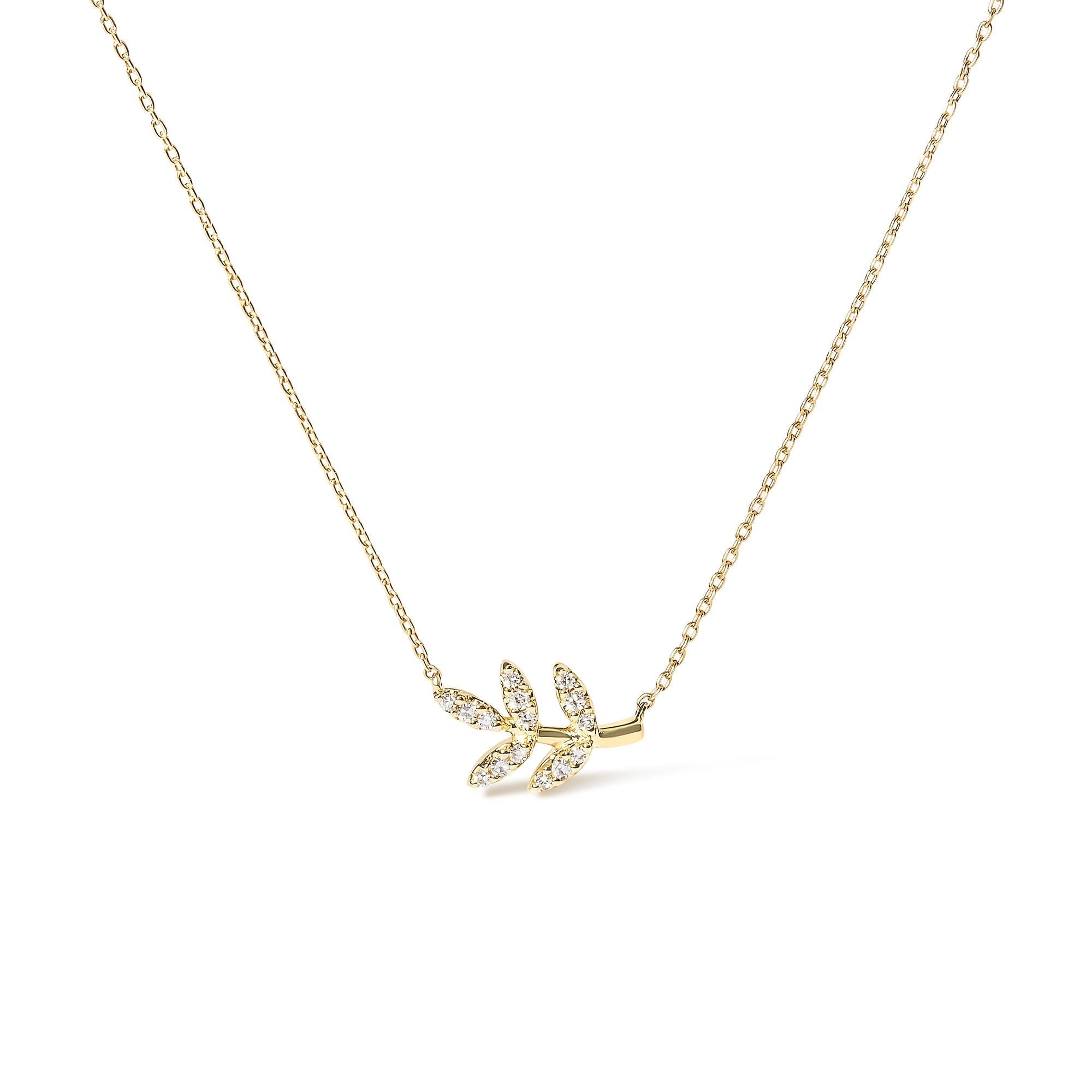 10K Yellow Gold 1/10 Cttw Diamond Leaf and Branch 18" Pendant Necklace (H-I Color, I1-I2 Clarity) - Friggin Jewelry
