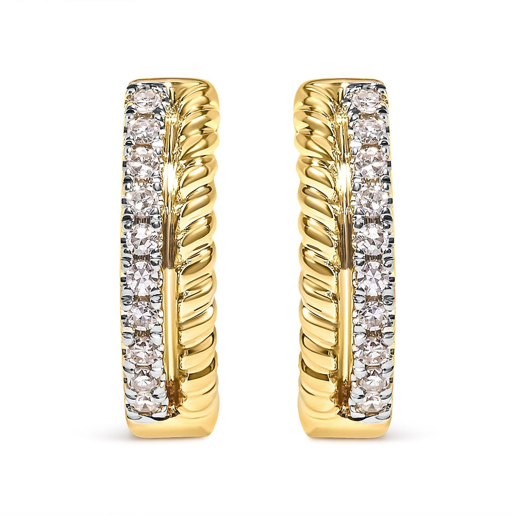 10K Yellow Gold 1/10 Cttw Diamond and Rope Twist Huggy Hoop Earrings (H-I Color, I1-I2 Clarity) - Friggin Jewelry