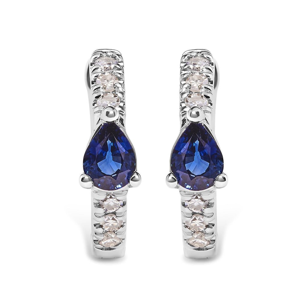 10K White Gold Pear Shaped Blue Sapphire and 1/10 Cttw Diamond Huggy Hoop Earrings (H-I Color, I1-I2 Clarity) - Friggin Jewelry