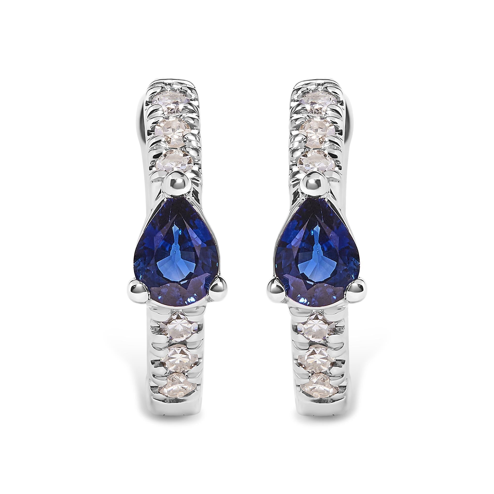 10K White Gold Pear Shaped Blue Sapphire and 1/10 Cttw Diamond Huggy Hoop Earrings (H-I Color, I1-I2 Clarity) - Friggin Jewelry