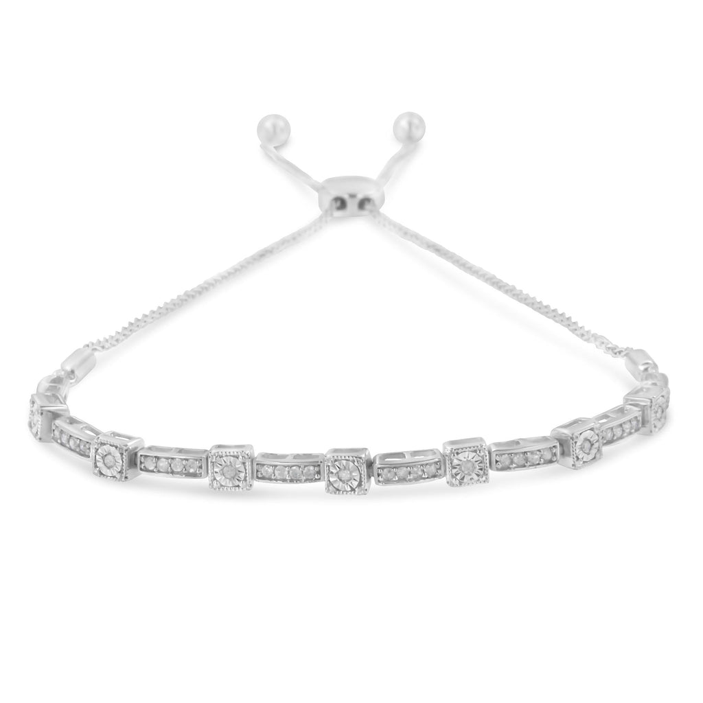 Bracciale Bolo regolabile in argento sterling 925 con diamanti da 1/4 ct, da 4" a 10", alternati quadrati e rettangolari (colore IJ, purezza I3) - Friggin Jewelry