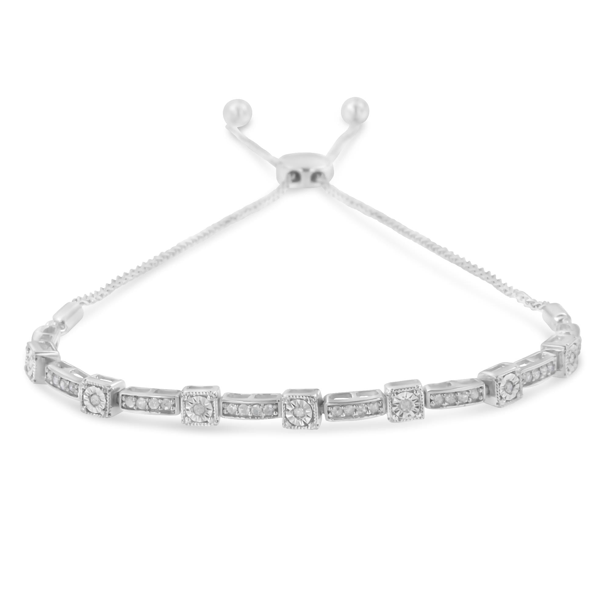 Bracciale Bolo regolabile in argento sterling 925 con diamanti da 1/4 ct, da 4" a 10", alternati quadrati e rettangolari (colore IJ, purezza I3) - Friggin Jewelry
