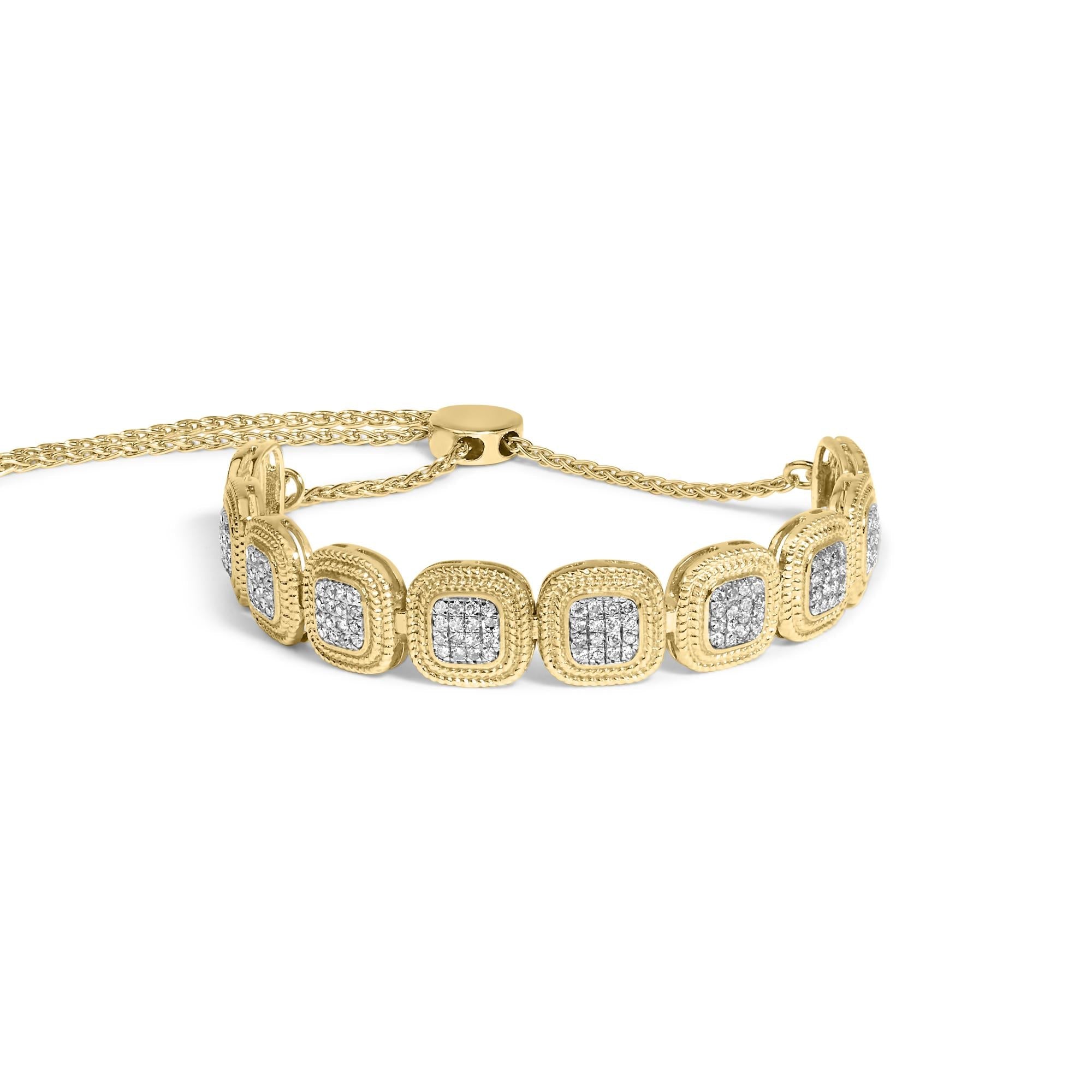 Pulsera bolo ajustable de 10 a 25 cm con diamantes de 5/8 quilates y marco de cojín, chapada en oro amarillo de 14 k (plata de ley .925) (color GH, claridad I1-I2) - Friggin Jewelry