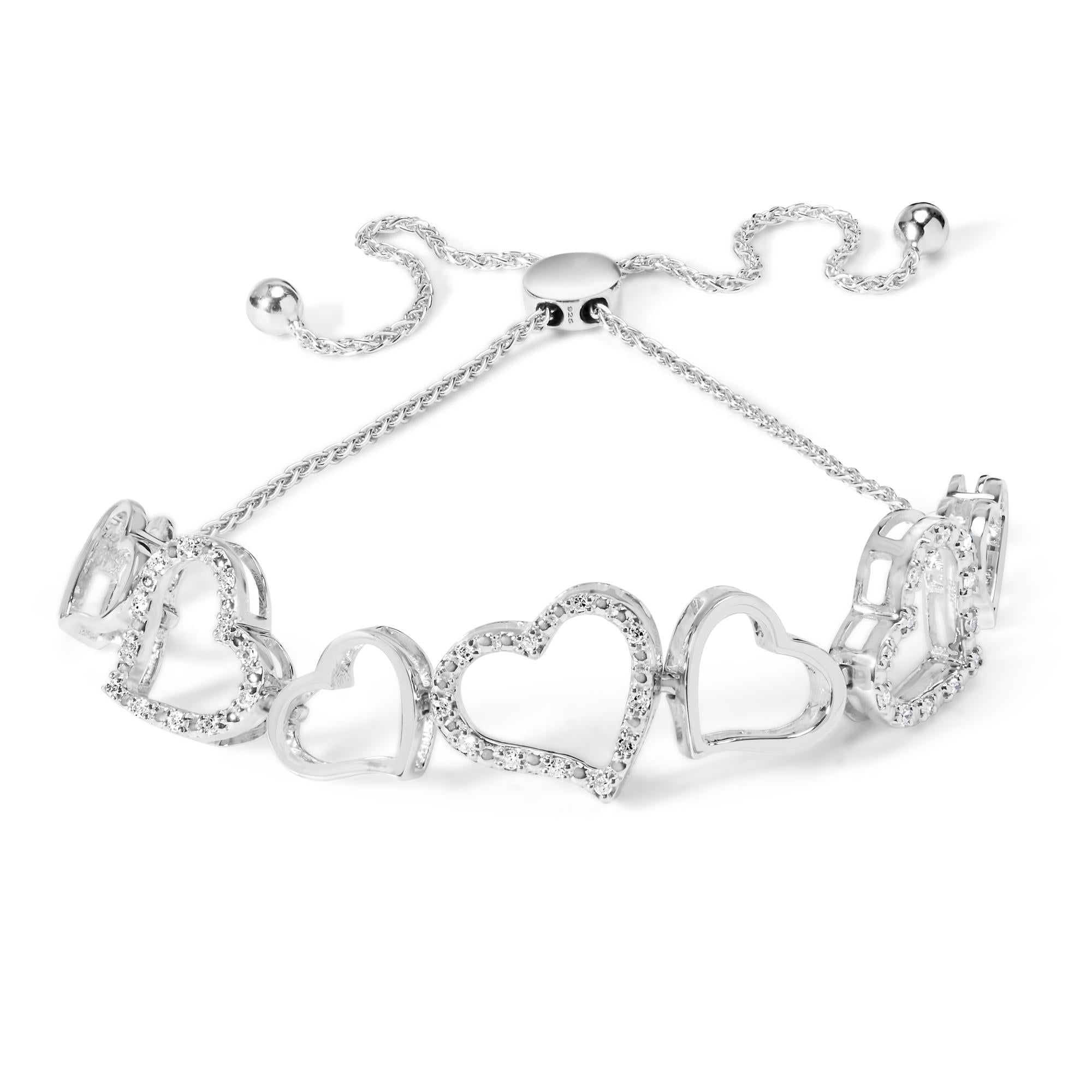 .925 Sterling Silver 1/4 Cttw Diamond Open Heart Link Adjustable Bolo Bracelet   (I-J Color, I2-I3 Clarity) - 4 to 10 Inches - Friggin Jewelry