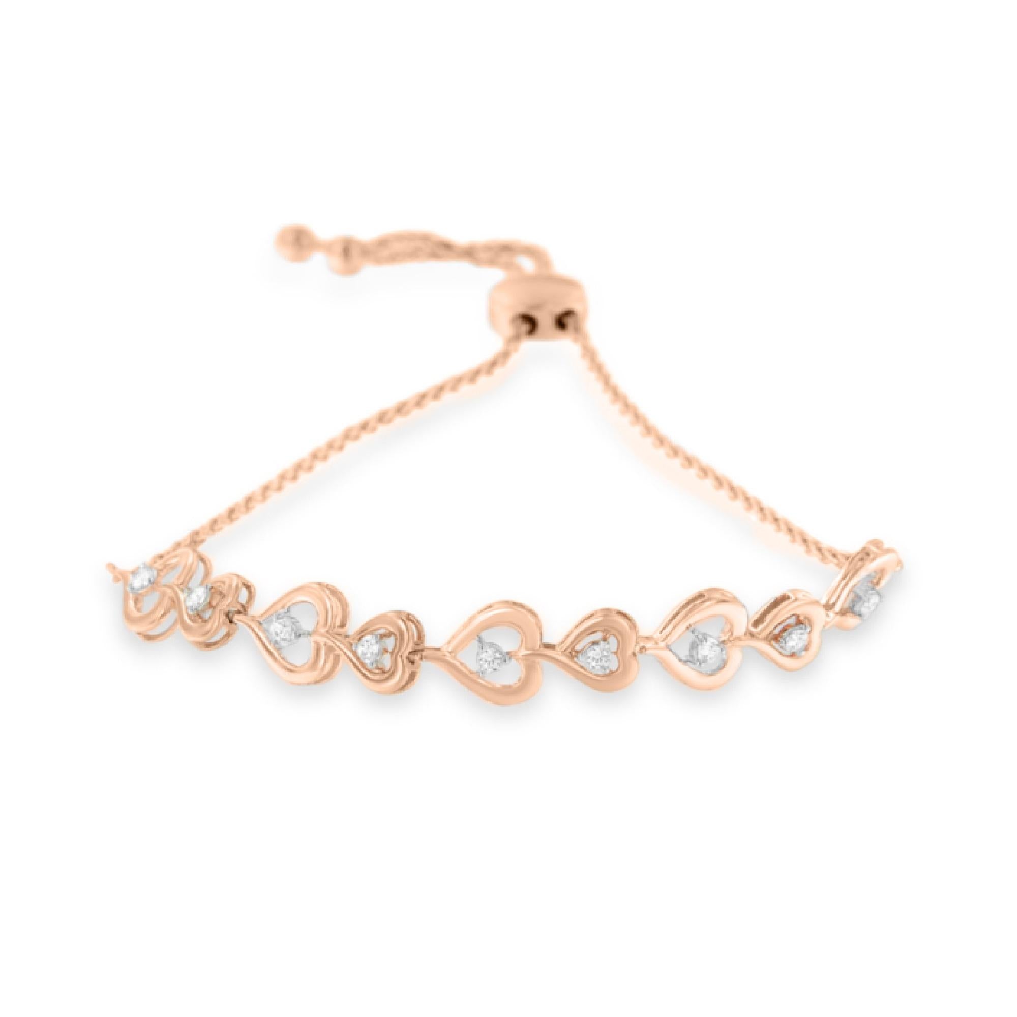 Rose Plated Sterling Silver Diamond Heart-Linked Bolo Bracelet (0.30 cttw, H-I Color, I2-I3 Clarity) - Friggin Jewelry