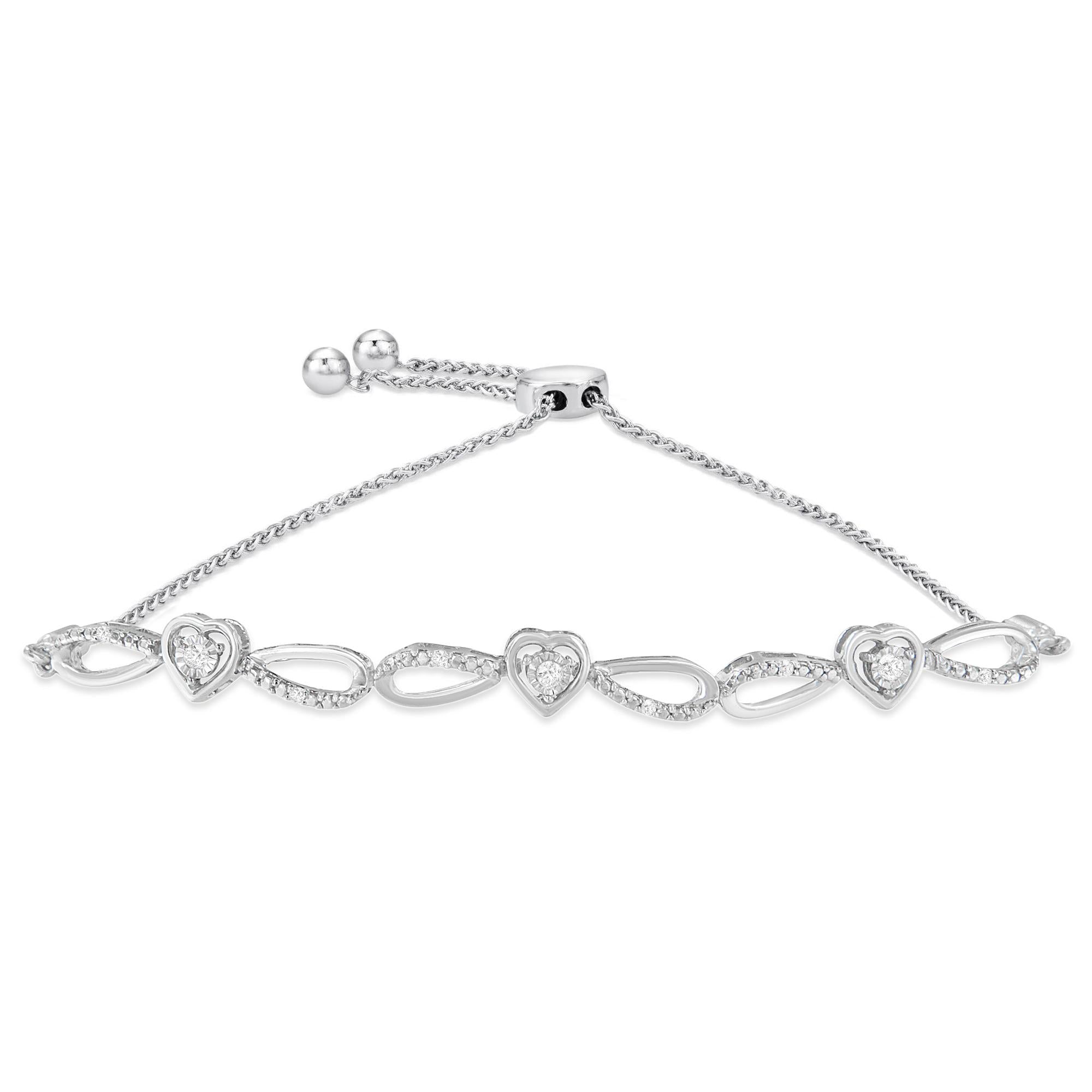 .925 Sterling Silver 1/10 Cttw Diamond Triple Heart-in-Infinity Bolo Style Adjustable Bracelet (H-I Color, I2-I3 Clarity) - Friggin Jewelry