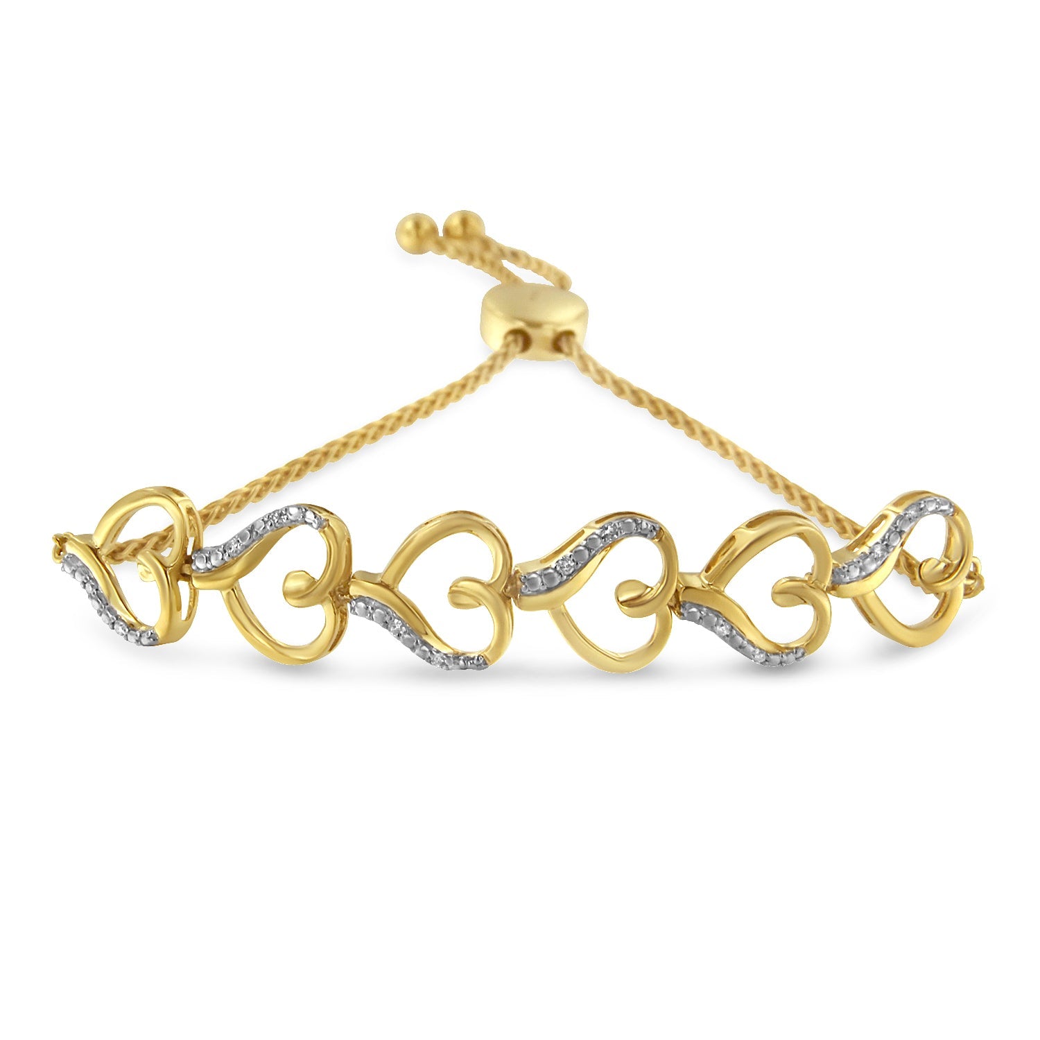 14K Yellow Gold Plated .925 Sterling Silver Diamond Accent Heart Link Bolo Bracelet (H-I Color, I2-I3 Clarity) - Friggin Jewelry