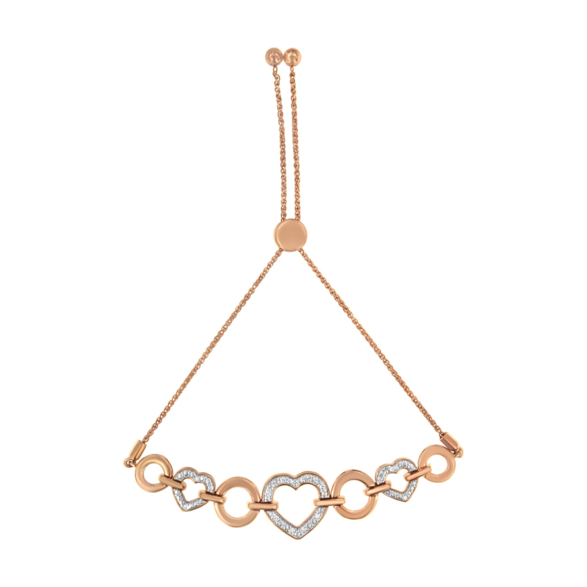 10K Rose Gold over .925 Sterling Silver 1/10 Cttw Round-Cut Diamond Heart Link Adjustable Bolo Bracelet (H-I Color, I2-I3 Clarity) - 6"-9" Adjustable - Friggin Jewelry