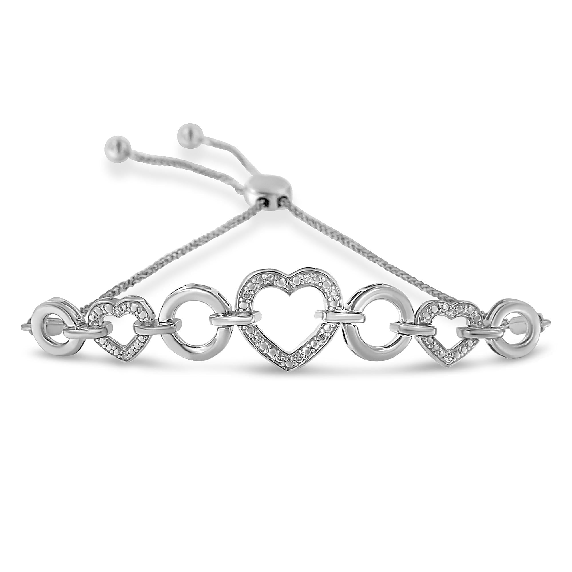 .925 Sterling Silver Diamond Accent Interlinking Triple Heart 4”-10” Adjustable Bolo Tennis Bracelet Bolo Bracelet (H-I Color, I2-I3 Clarity) - Friggin Jewelry