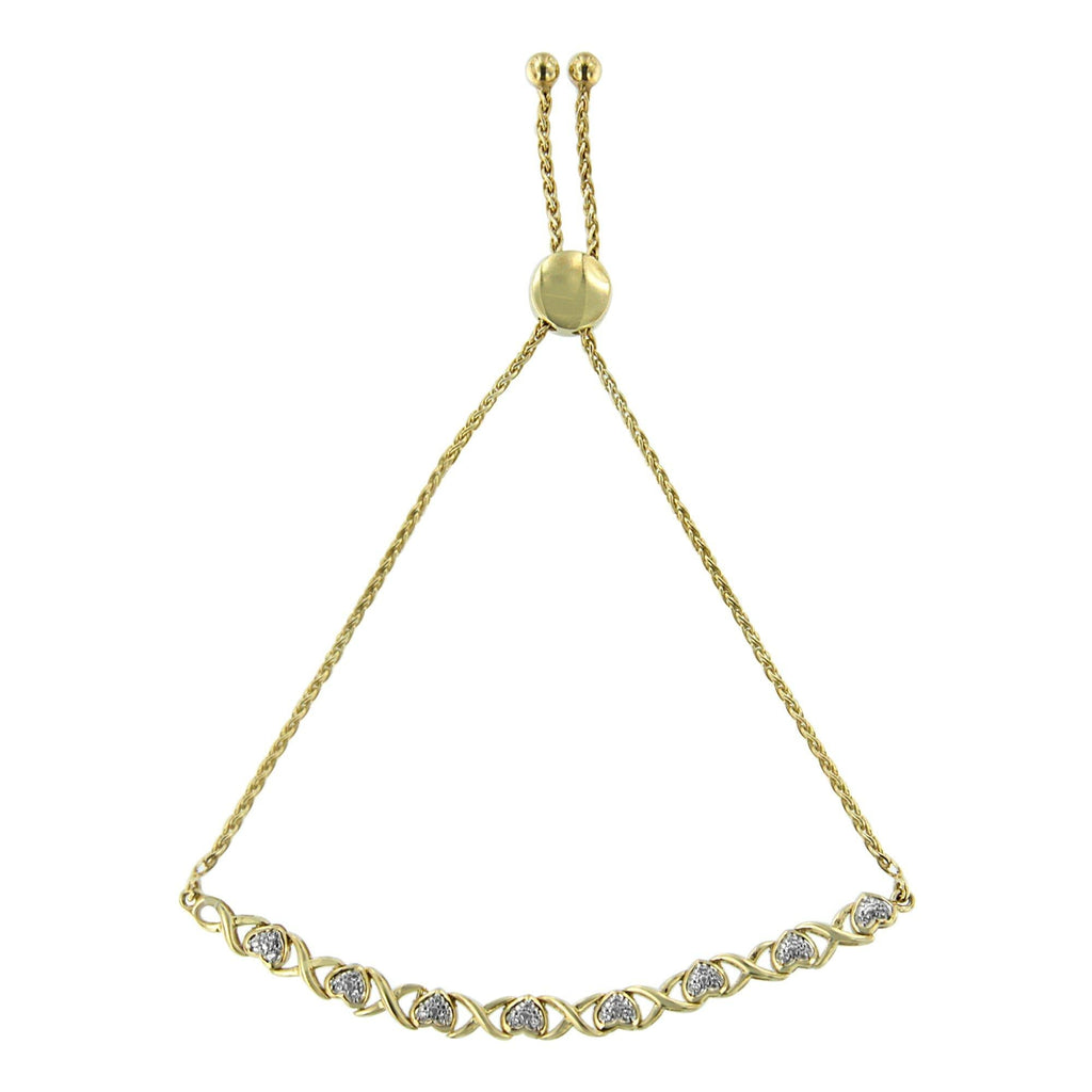 10K Yellow Gold over .925 Sterling Silver 1/10 Cttw Diamond Heart and X-Link 6”-9” Adjustable Bolo Bracelet (H-I Color, I2-I3 Clarity) - Friggin Jewelry