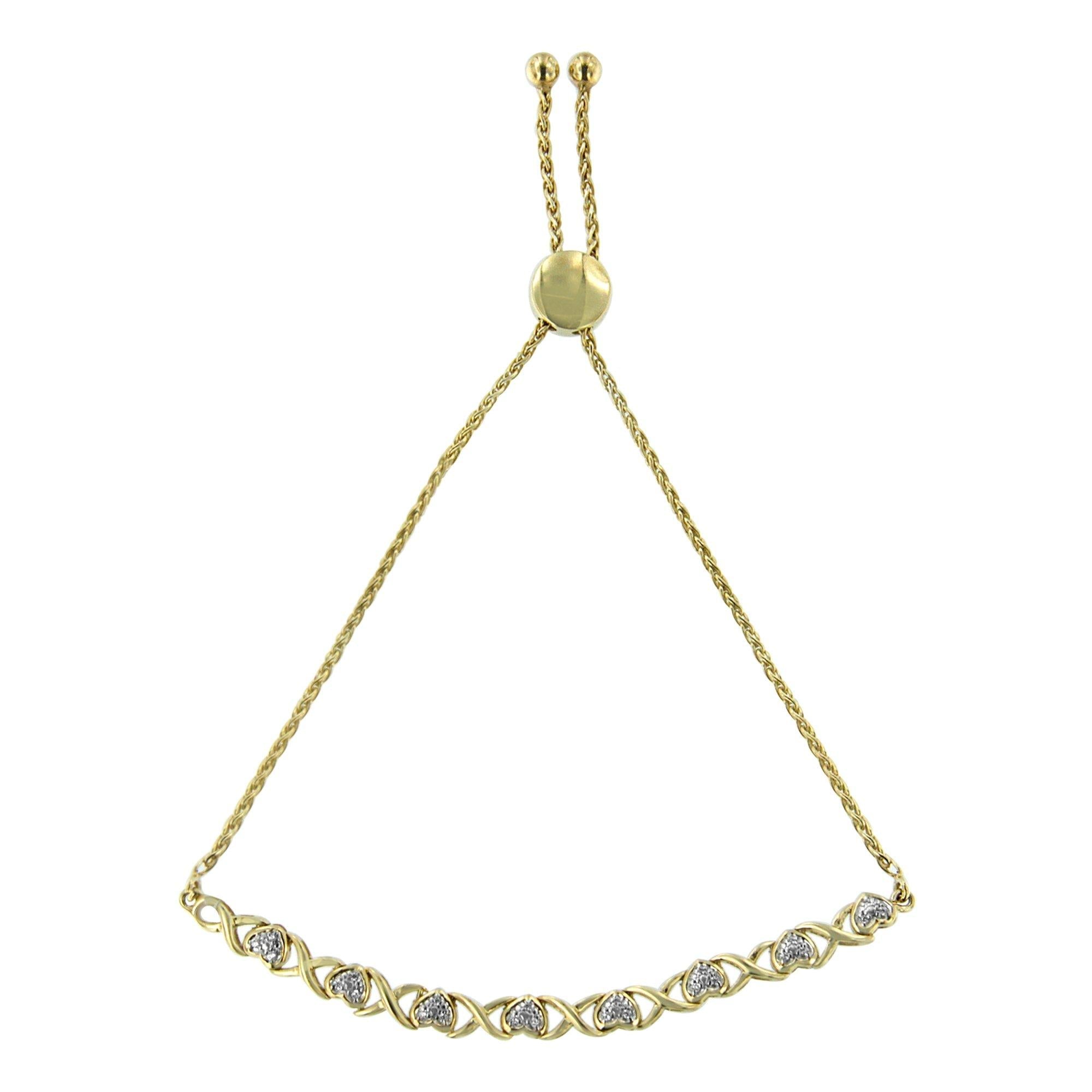 10K Yellow Gold over .925 Sterling Silver 1/10 Cttw Diamond Heart and X-Link 6”-9” Adjustable Bolo Bracelet (H-I Color, I2-I3 Clarity) - Friggin Jewelry