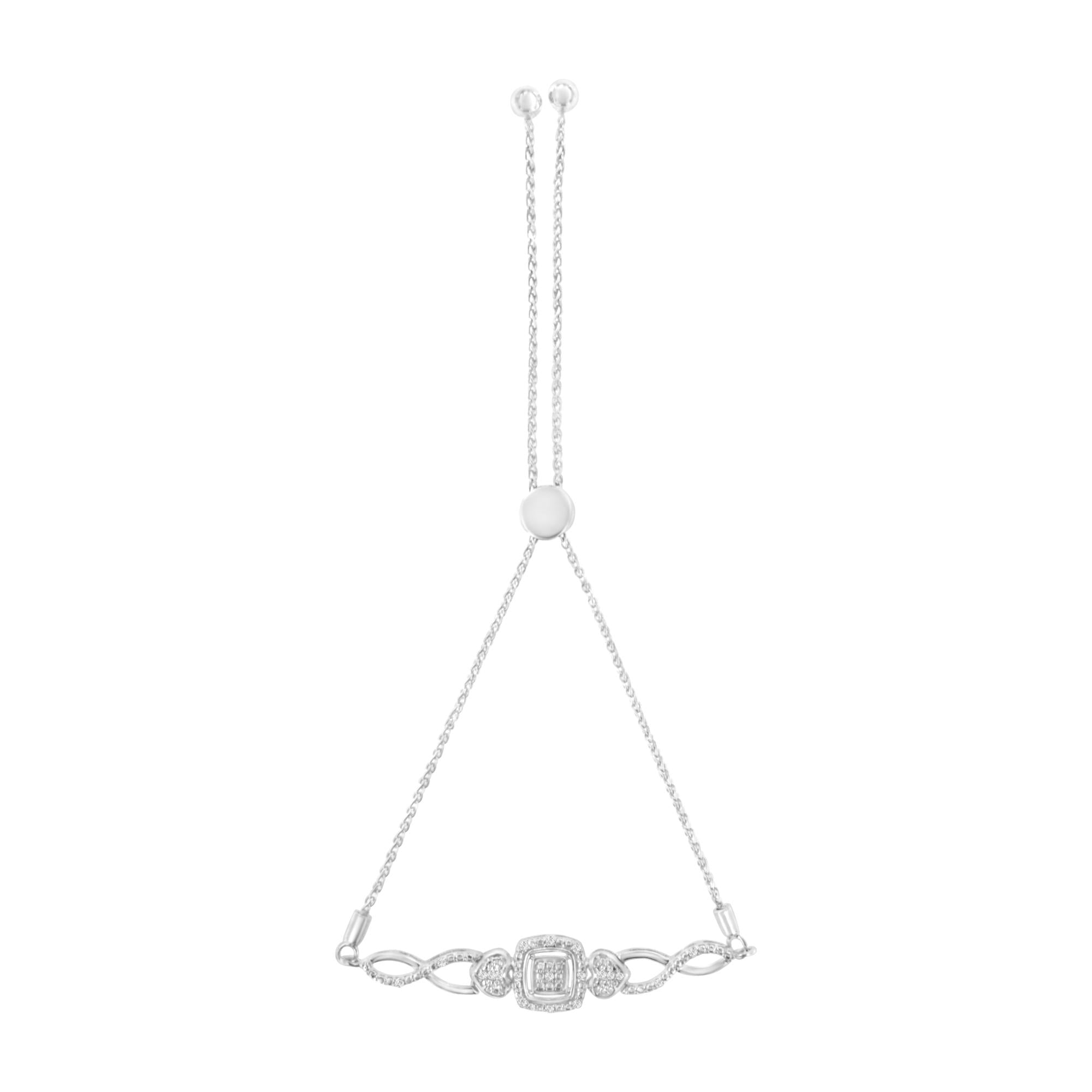 Braccialetto Bolo Tennis Bolo regolabile in argento sterling 925 con montatura a cuscino e diamanti, lato cuore, da 4" a 10" (colore IJ, purezza I3) - Friggin Jewelry