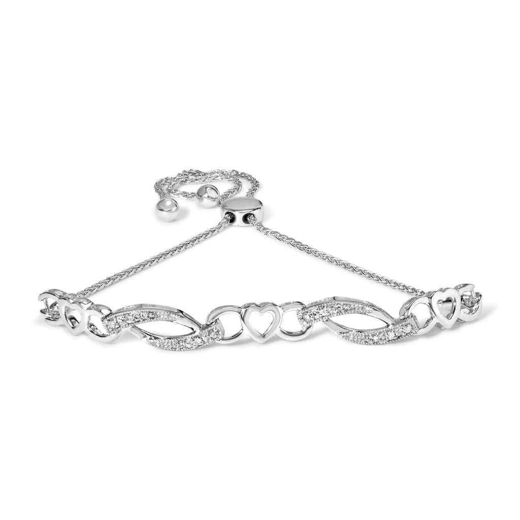 .925 Sterling Silver 1/10 Cttw Diamond Heart Link Adjustable Bolo Bracelet (I-J Color, I2-I3 Clarity) - 4 to 10 Inches - Friggin Jewelry