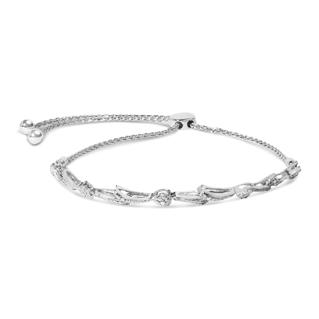 Pulsera bolo de plata de ley 925 con detalles de diamantes y eslabones ondulados (color IJ, claridad I2-I3) - Ajustable de 15 a 23 cm - Friggin Jewelry