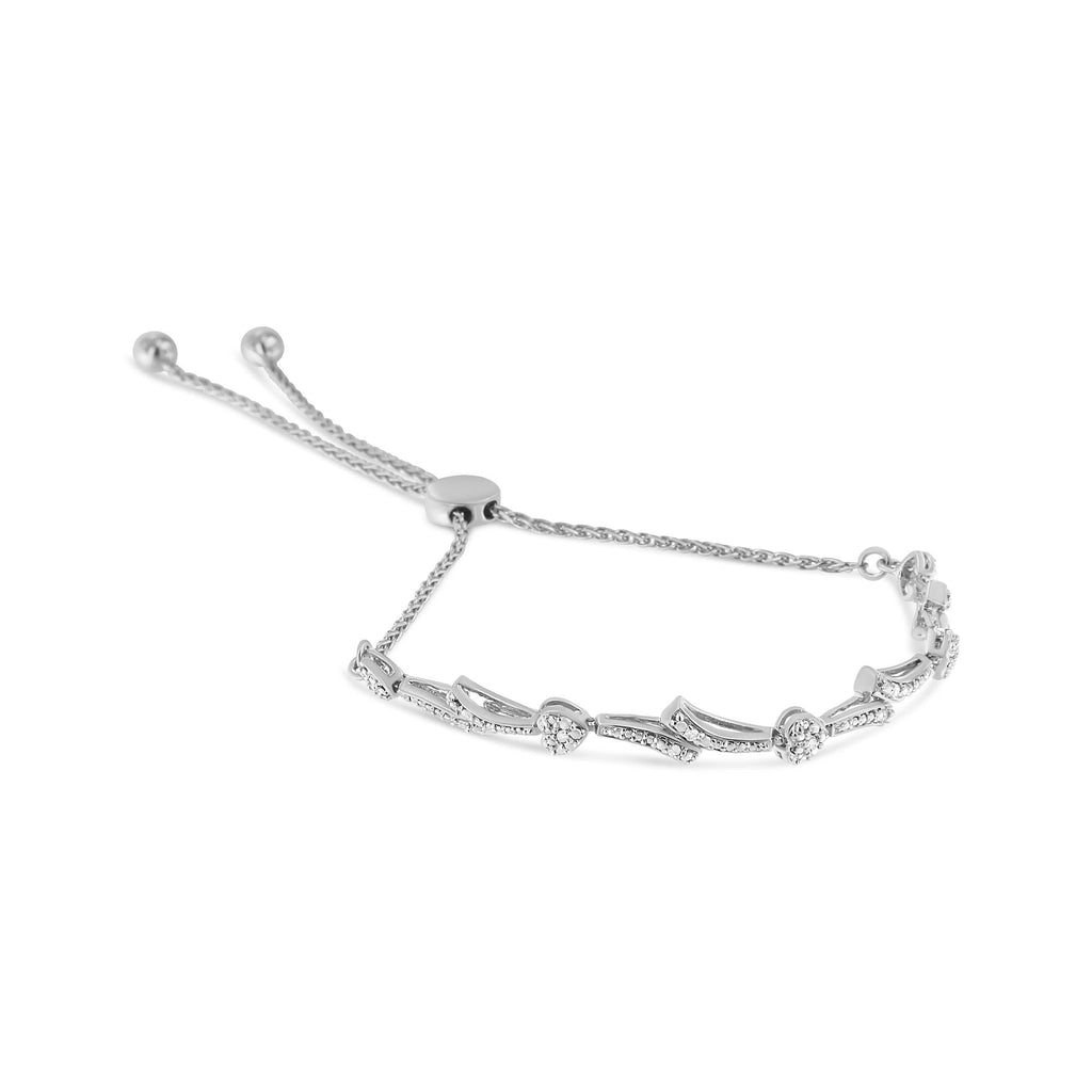 Pulsera bolo de plata de ley 925 con detalles de diamantes y eslabones ondulados (color IJ, claridad I2-I3) - Ajustable de 15 a 23 cm - Friggin Jewelry