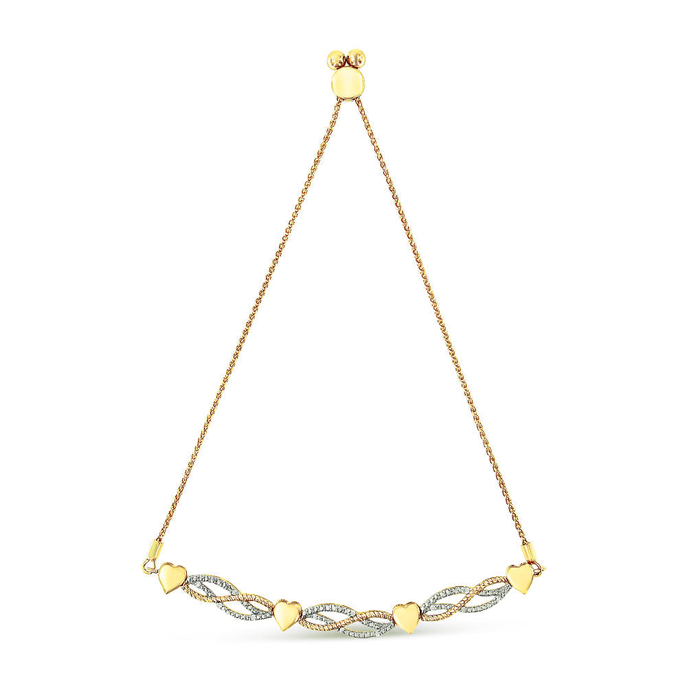 14K Yellow Gold Plated .925 Sterling Silver 1/10 Cttw Diamond Wave and Hearts Bolo Bracelet (I-J Color, I2-I3 Clarity) - 4"-10" Adjustable - Friggin Jewelry