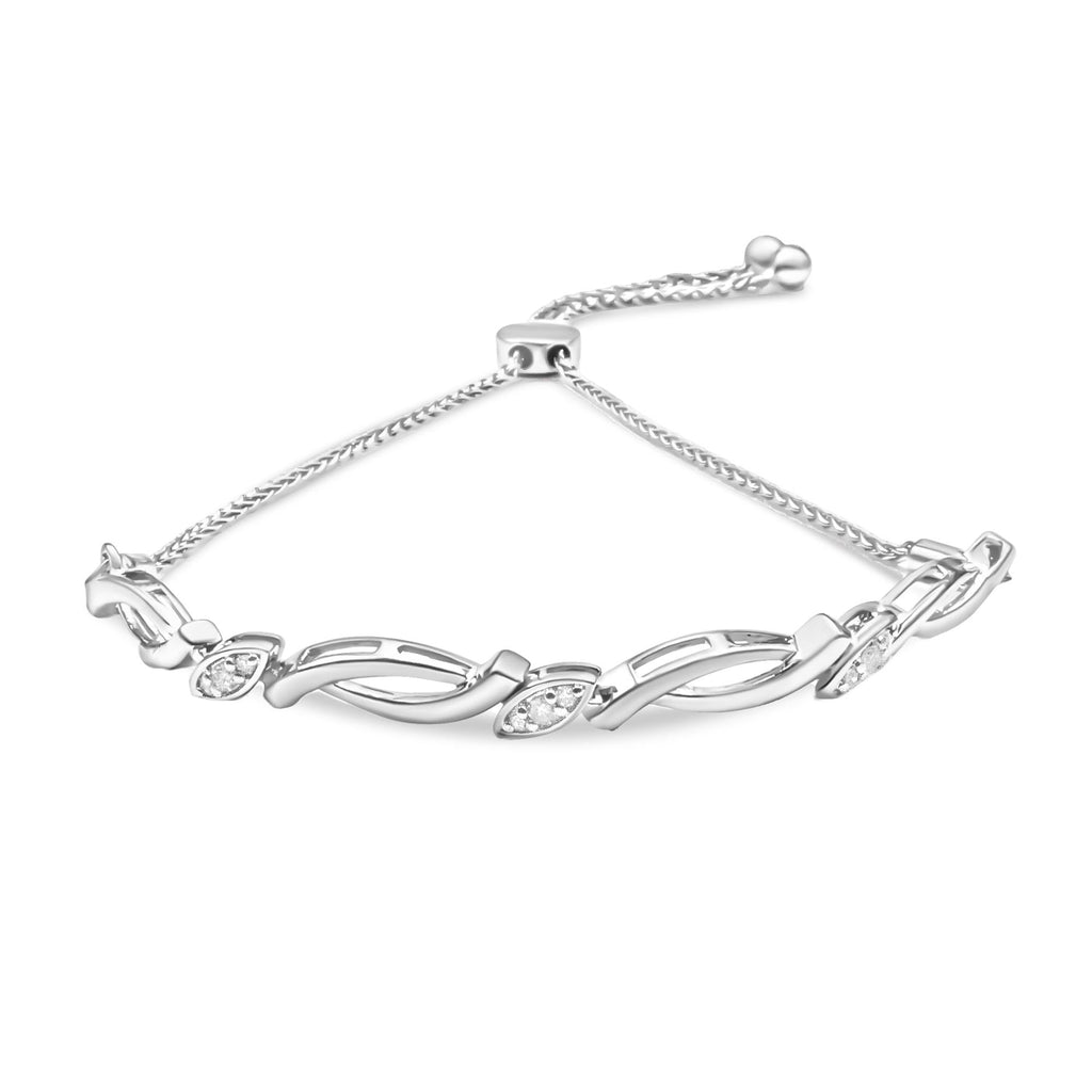 Pulsera bolo de eslabones en espiral alternados con detalles de diamantes en plata de ley 925 (color IJ, claridad I2-I3) - Ajustable de 15 a 23 cm - Friggin Jewelry