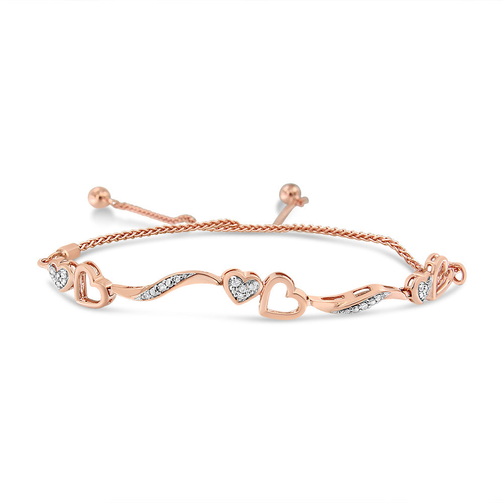 .925 Sterling Silver 1/10 Cttw Diamond Wave and Hearts 4”-10” Adjustable Bolo Bracelet (I-J Color, I3 Clarity) - Friggin Jewelry