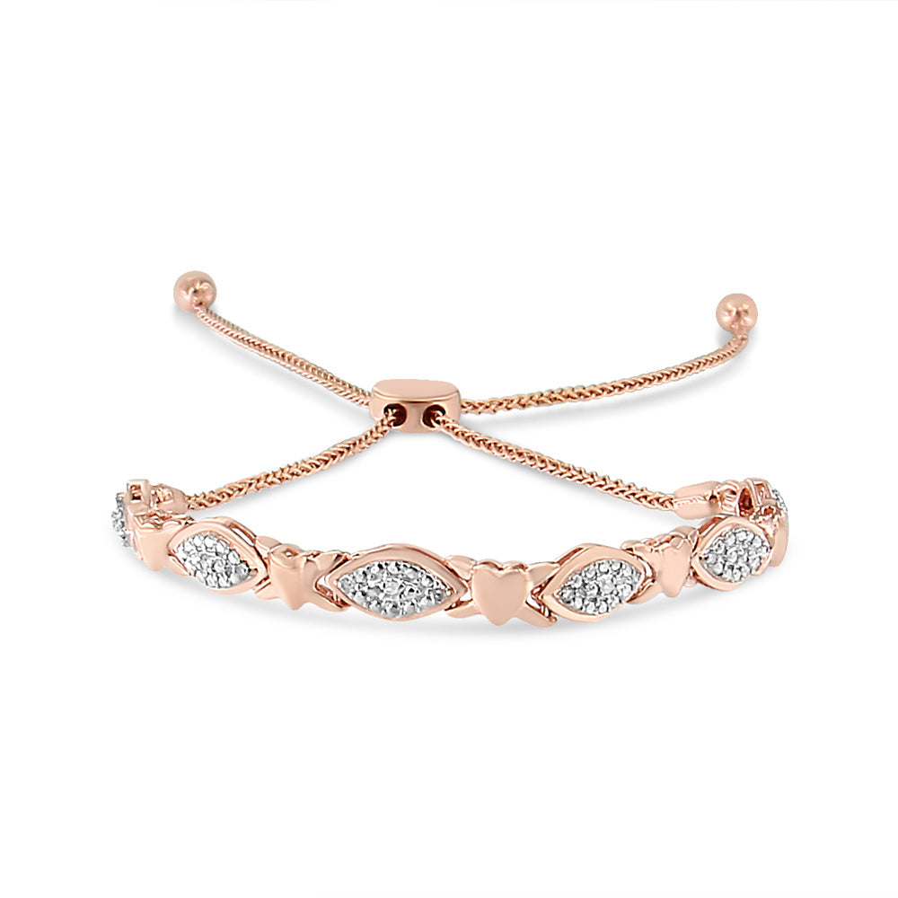 Pulsera bolo de plata de ley 925 con detalles de diamantes, forma marquesa alternada y eslabones de corazón (color IJ, claridad I3) - Ajustable de 15 a 23 cm - Friggin Jewelry