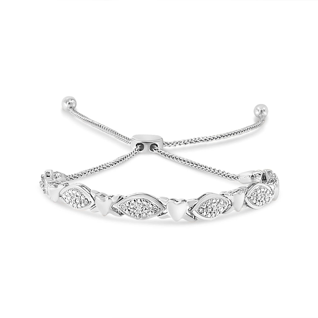 Pulsera bolo de plata de ley 925 con detalles de diamantes, forma marquesa alternada y eslabones de corazón (color IJ, claridad I3) - Ajustable de 15 a 23 cm - Friggin Jewelry