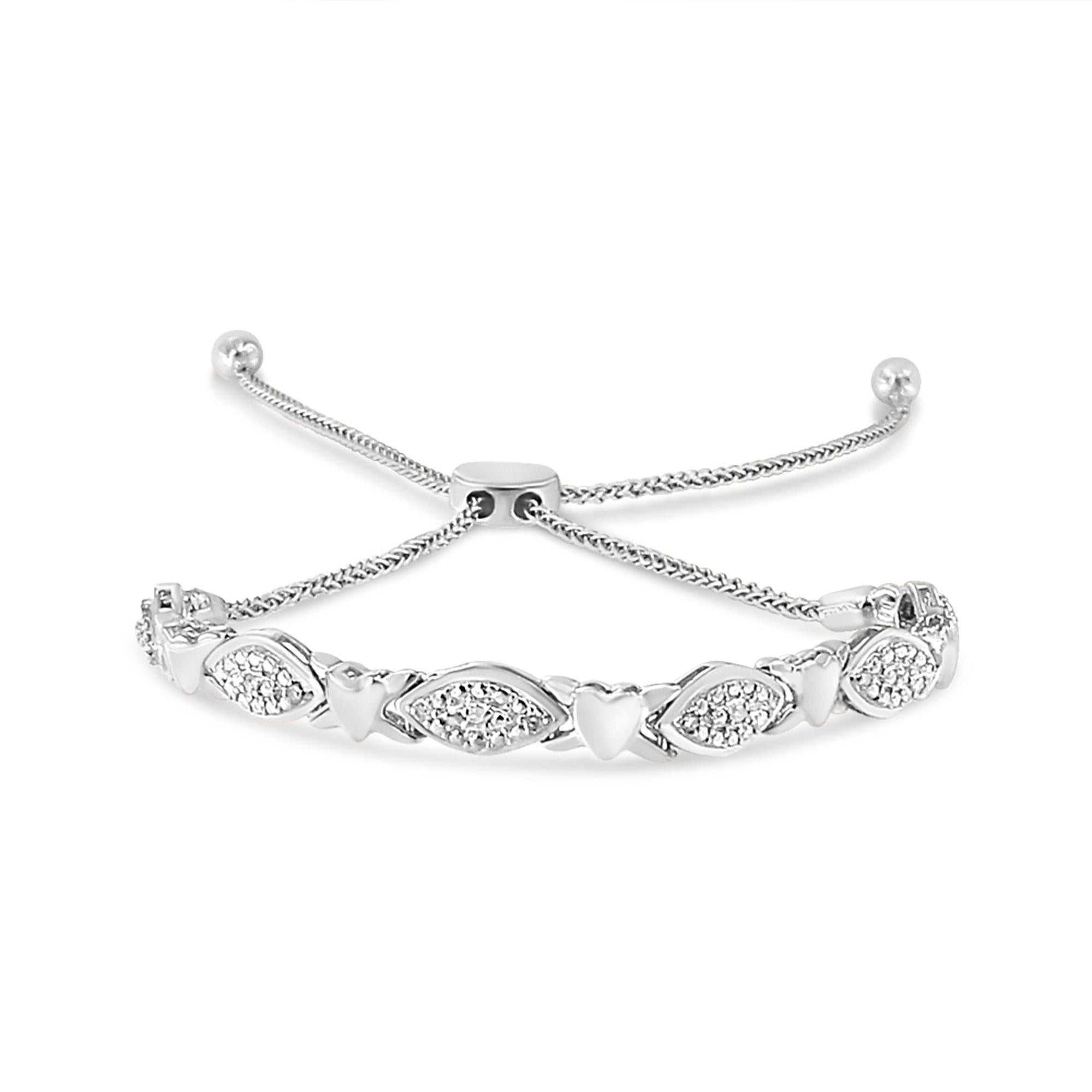 Pulsera bolo de plata de ley 925 con detalles de diamantes, forma marquesa alternada y eslabones de corazón (color IJ, claridad I3) - Ajustable de 15 a 23 cm - Friggin Jewelry