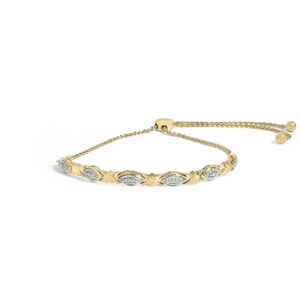Pulsera bolo de plata de ley 925 con detalles de diamantes, forma marquesa alternada y eslabones de corazón (color IJ, claridad I3) - Ajustable de 15 a 23 cm - Friggin Jewelry