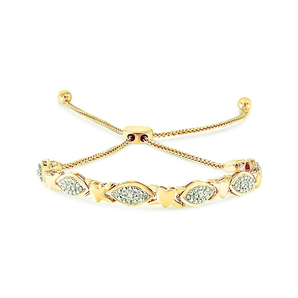 Pulsera bolo de plata de ley 925 con detalles de diamantes, forma marquesa alternada y eslabones de corazón (color IJ, claridad I3) - Ajustable de 15 a 23 cm - Friggin Jewelry