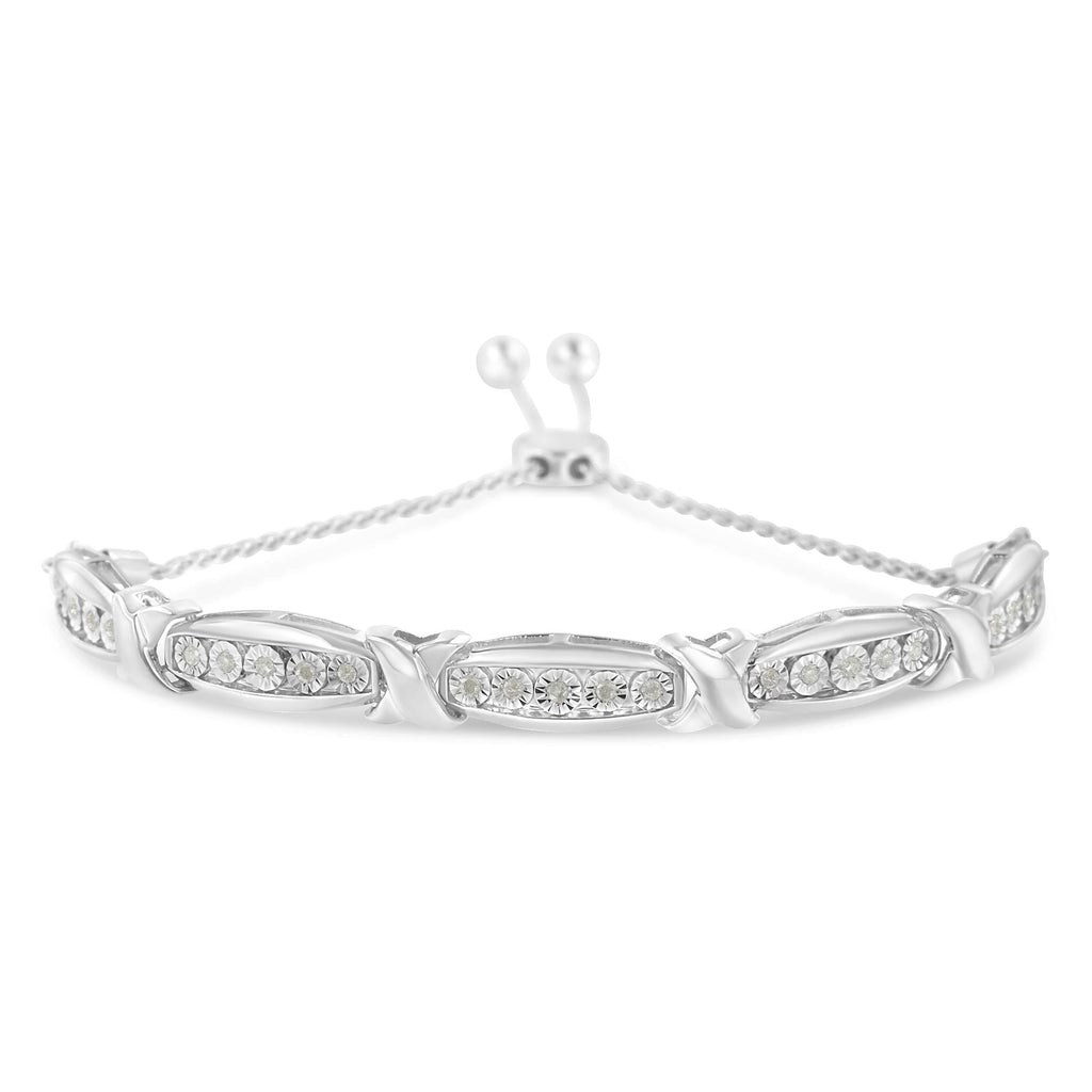 Pulsera bolo con diamantes de talla redonda en forma de X y barra cónica engastada milagrosamente (color IJ, claridad I3) - Plata de ley 925 - Friggin Jewelry