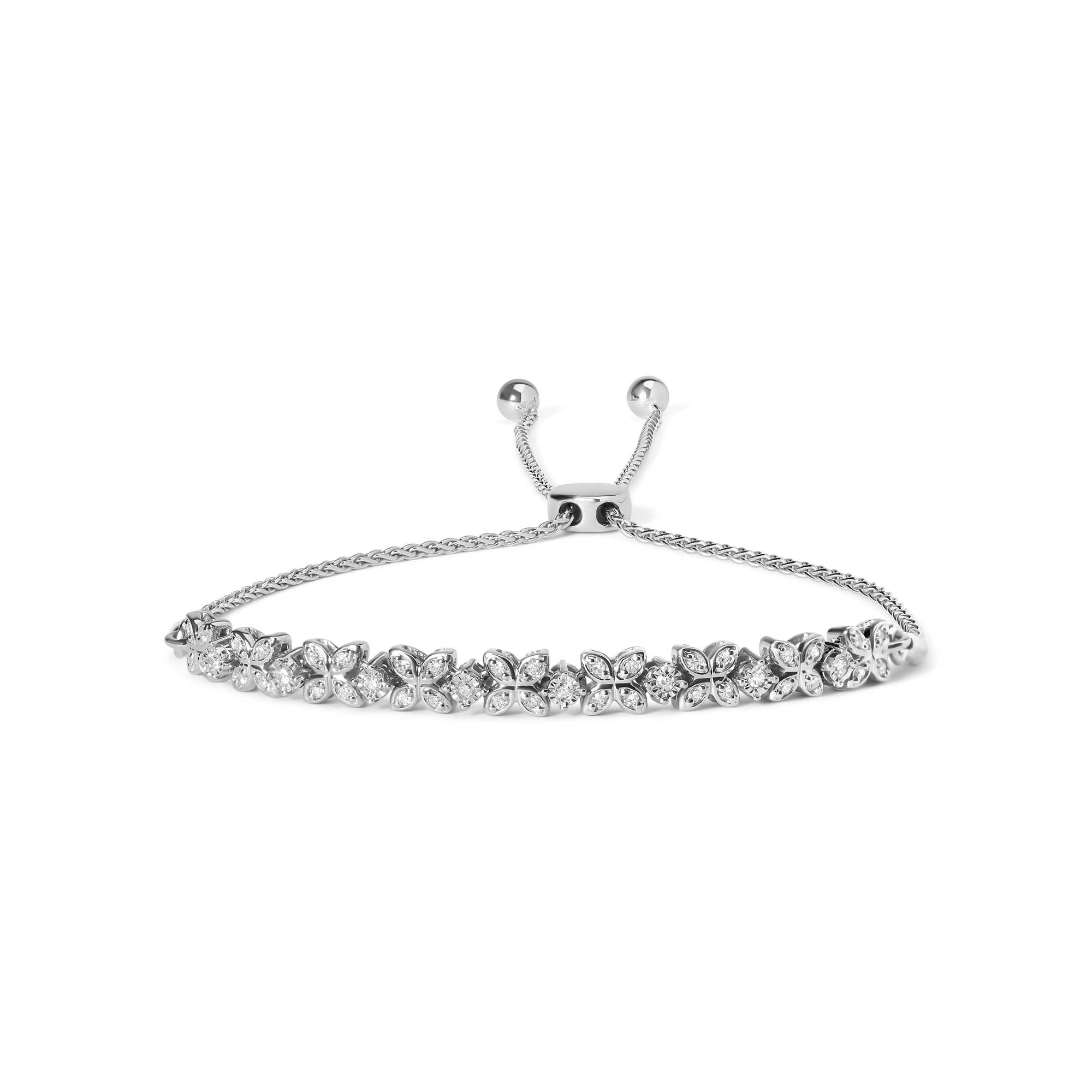 Pulsera bolo ajustable de plata de ley 925 con diamantes de 1/4 ct y eslabones en forma de marquesa de 4" a 10" (color IJ, claridad I1-I2) - Friggin Jewelry