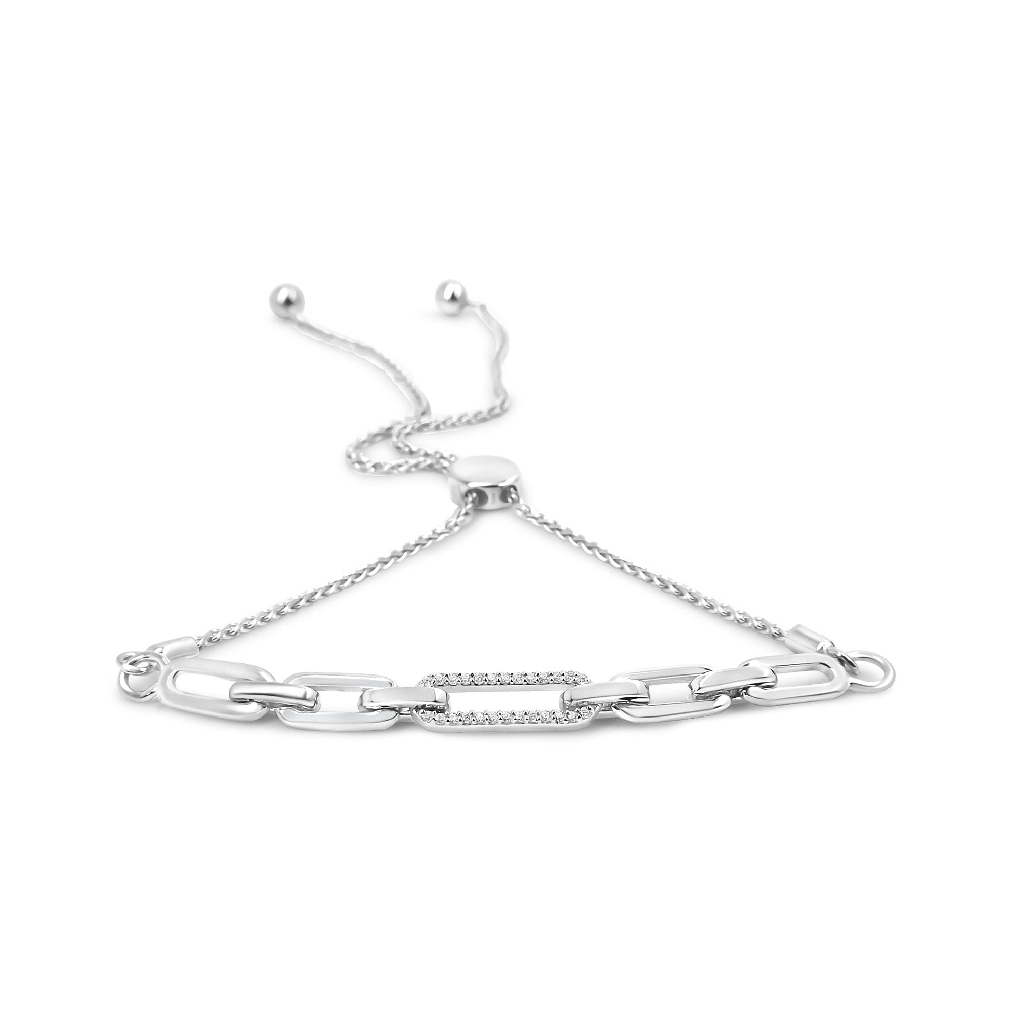 .925 Sterling Silver 1/10 Cttw Diamond Paperclip Link Adjustable Bolo Bracelet (I-J Color, I2-I3 Clarity) - Friggin Jewelry