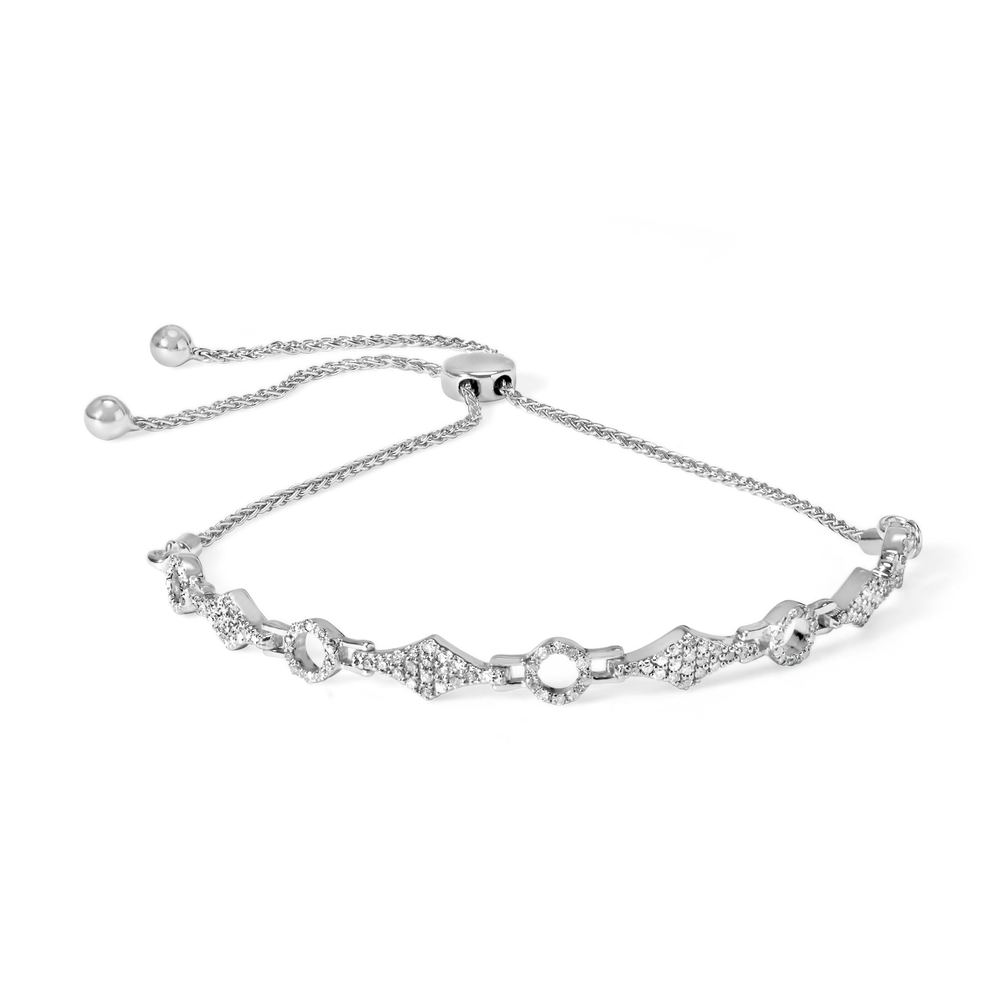 .925 Sterling Silver 1/2 Cttw Diamond Alternating Circle and Kite Link Adjustable Bolo Bracelet (I-J Color, I3 Clarity) - 4" to 10" Inches - Friggin Jewelry