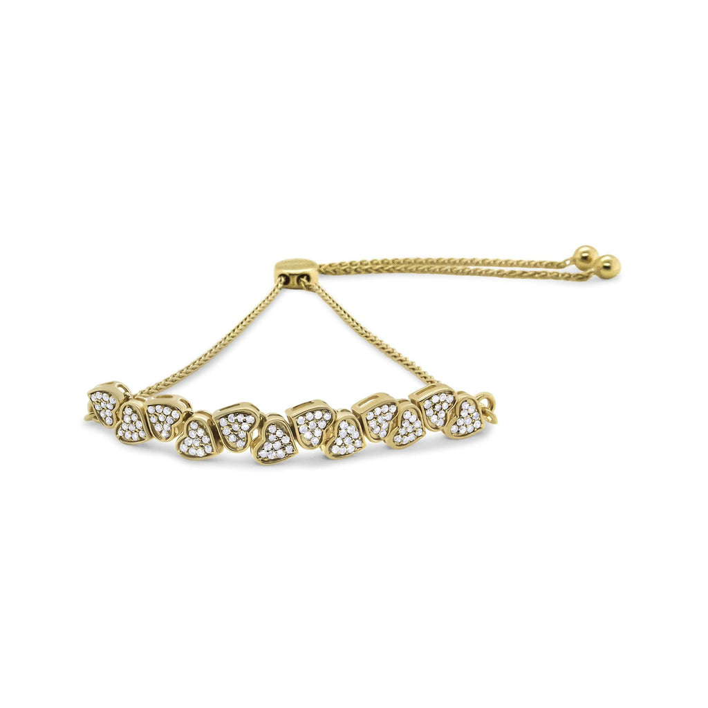 Yellow Gold Plated .925 Sterling Silver 1/2 Cttw Diamond Sideways Hearts Bolo Bracelet (H-I Color, I1-I2 Clarity) - 4”-10” Adjustable - Friggin Jewelry
