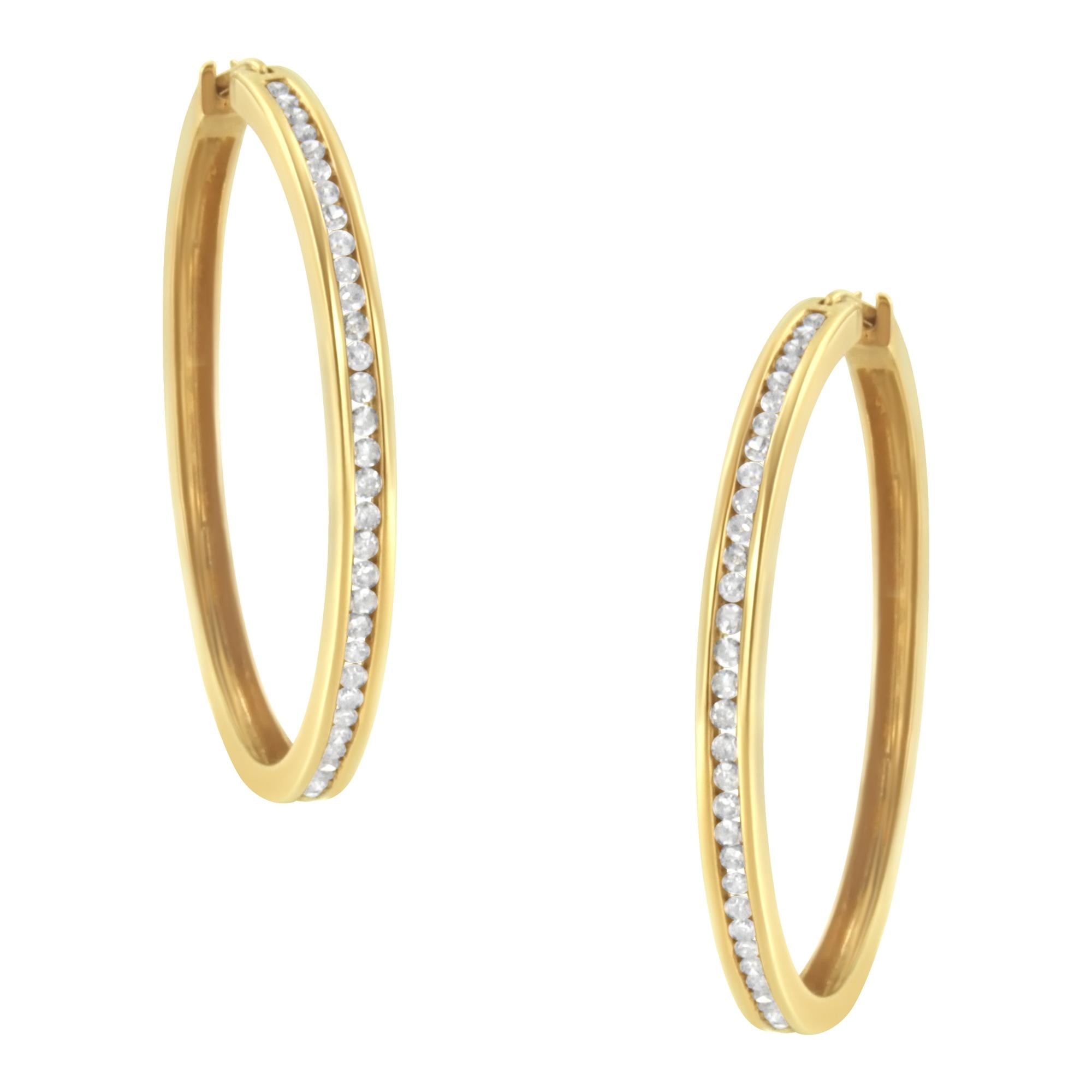 14K Yellow Gold 1.0 Cttw Round Brilliant Cut Diamond Channel Set Circle Hoop Earrings (I-J Color, I1-I2 Clarity) - Friggin Jewelry