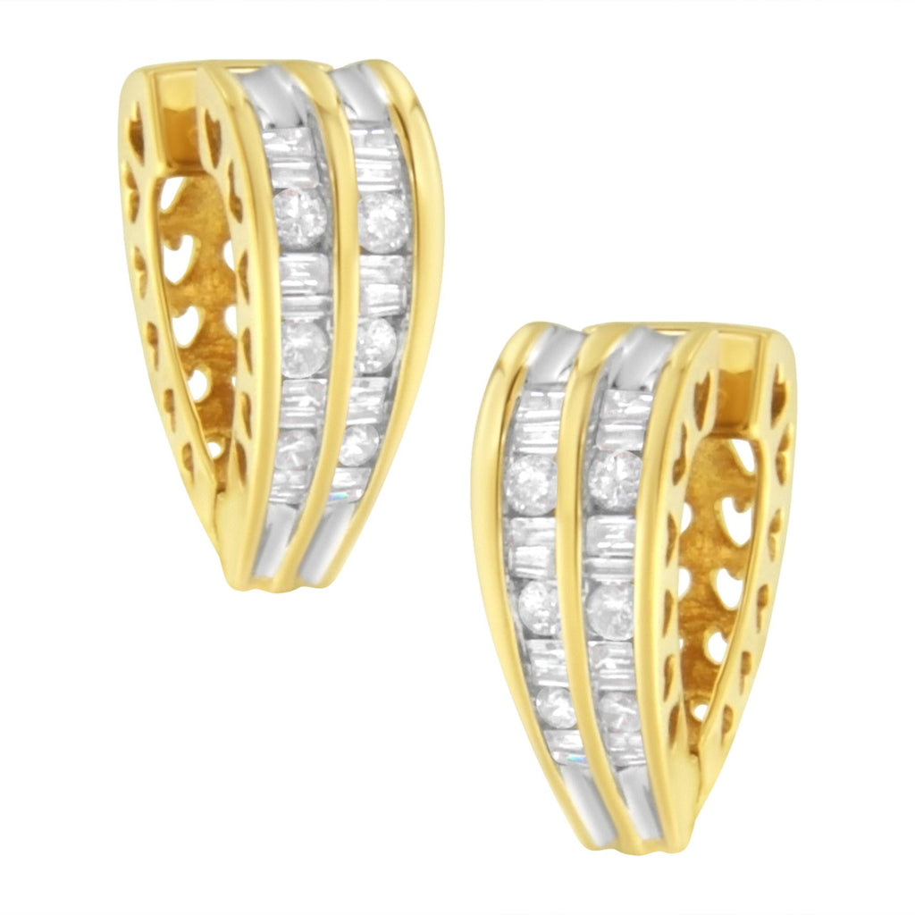 14K Yellow and White Gold 1.0 Cttw Channel Set Round and Baguette Diamond Multi Row Huggy Hoop Earrings (I-J Color, I2-I3 Clarity) - Friggin Jewelry