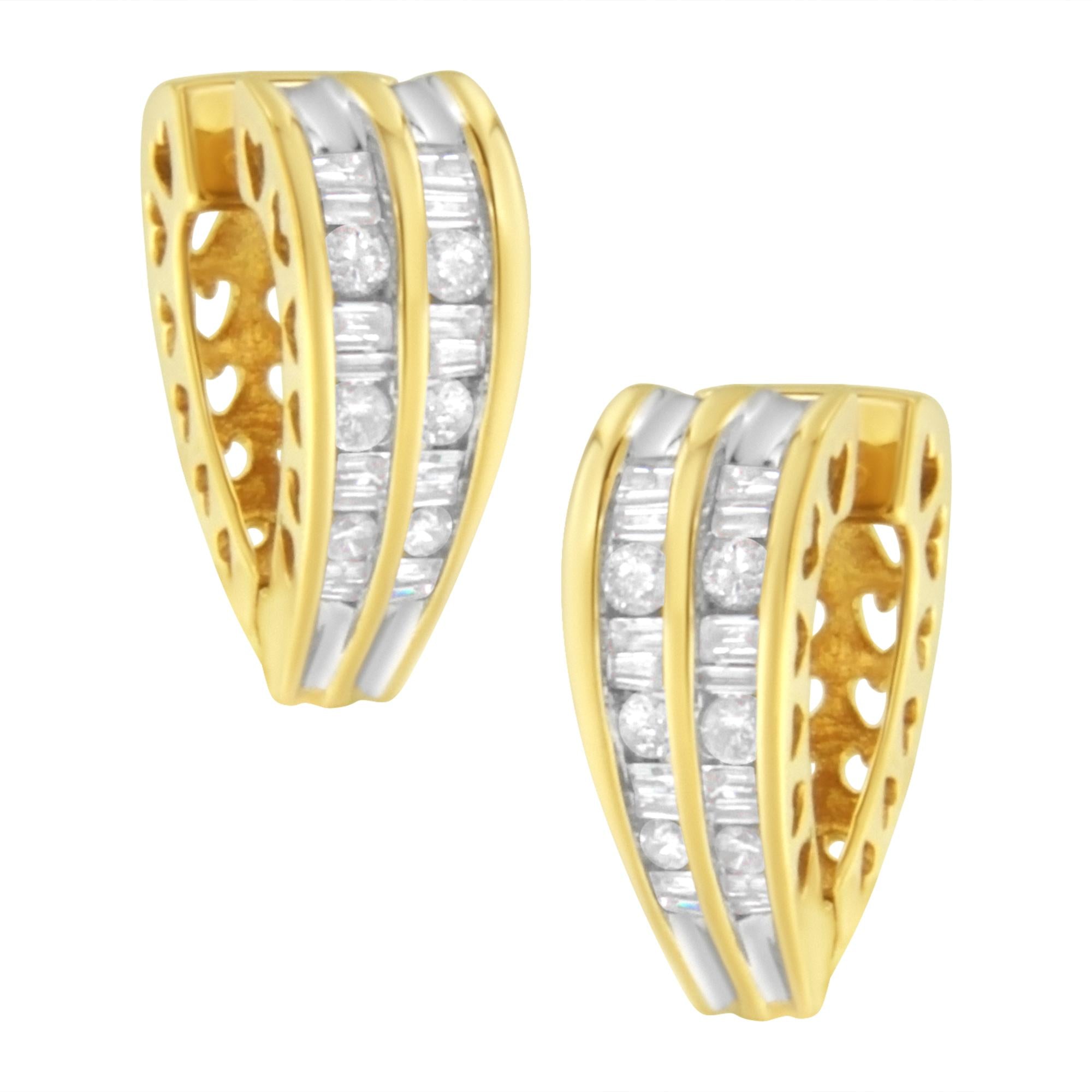 14K Yellow and White Gold 1.0 Cttw Channel Set Round and Baguette Diamond Multi Row Huggy Hoop Earrings (I-J Color, I2-I3 Clarity) - Friggin Jewelry