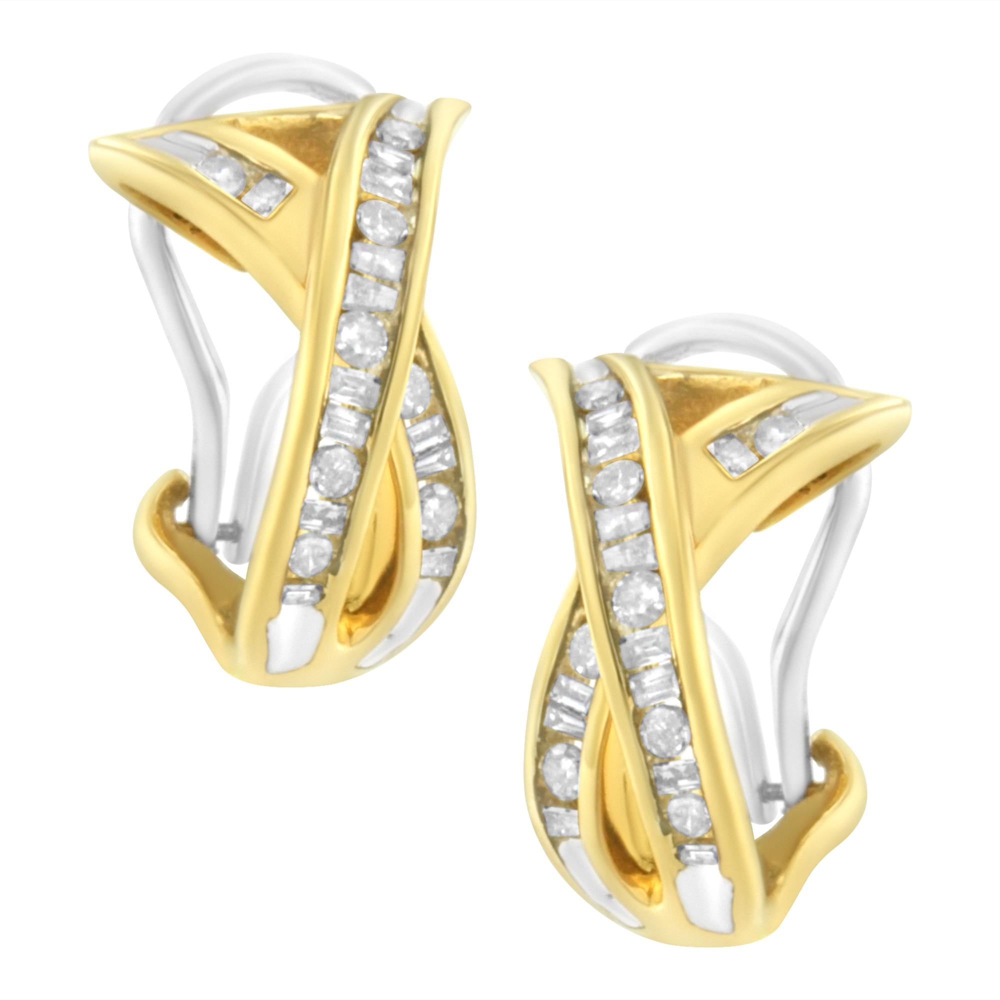 Orecchini a cerchio con diamanti a forma di "X" incrociati in oro giallo e bianco 14K da 1/2 TDW (IJ, I2-I3) - Friggin Jewelry