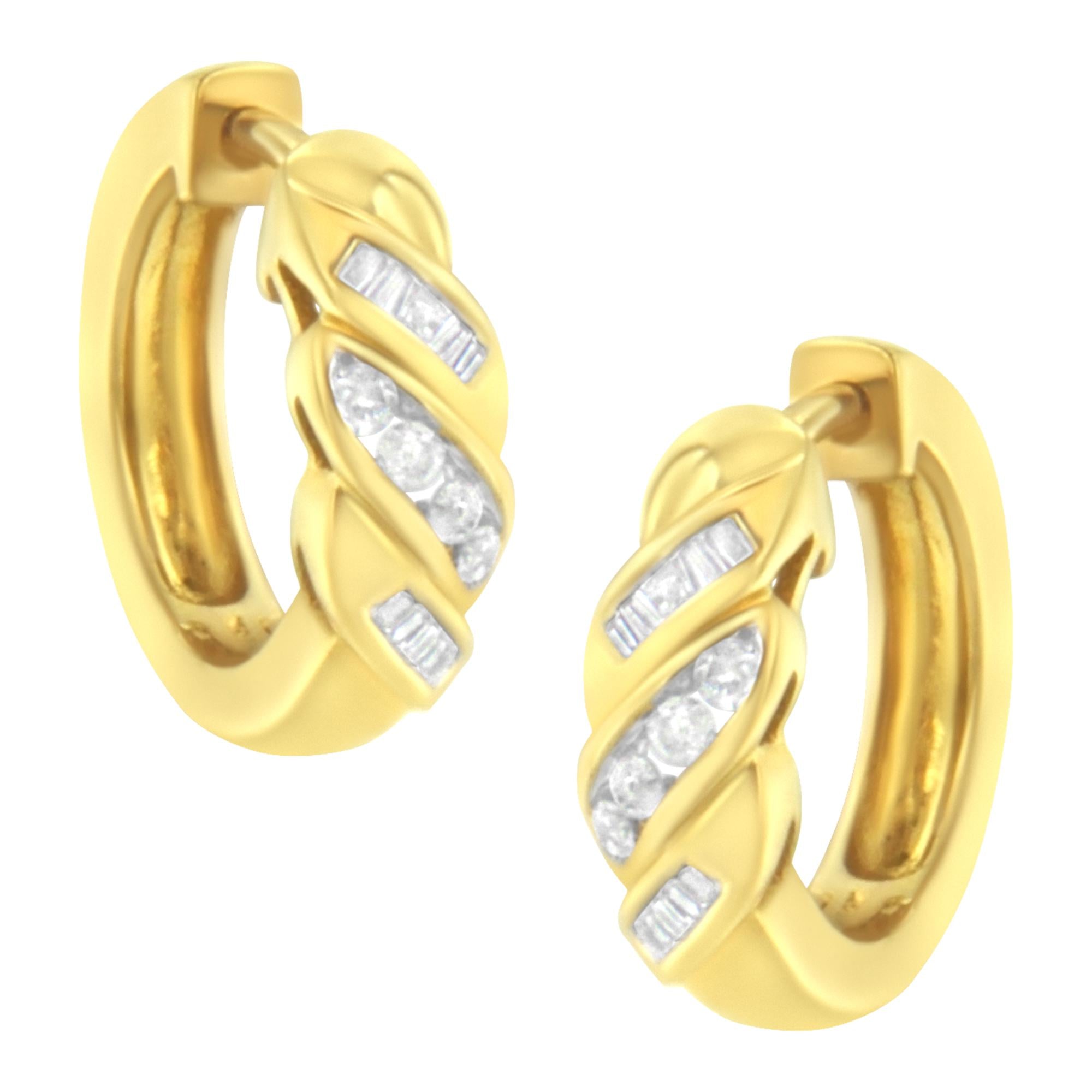 14K Yellow Gold 1/4 ct TDW Alternating 3 Row Baguette & Round Brilliant-Cut Diamond Huggy Hoop Earrings (H-I, I2-I3) - Friggin Jewelry