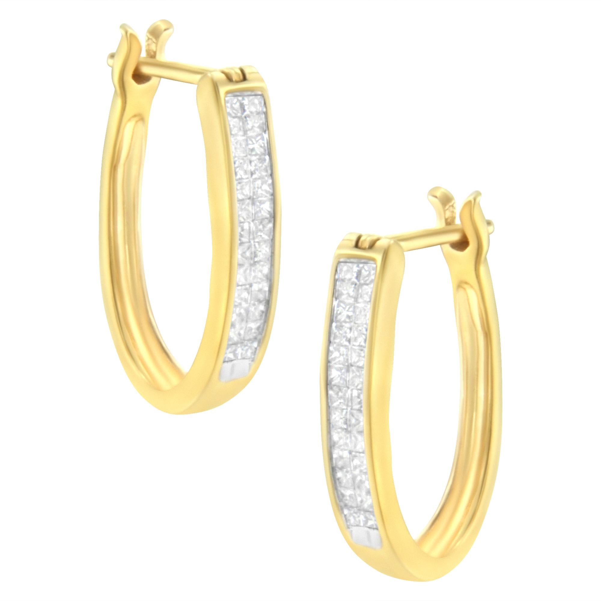 Orecchini a cerchio in oro giallo 10 carati con diamanti taglio principessa da 1/2 carati incastonati in modo invisibile (colore HI, purezza SI2-I1) - Friggin Jewelry