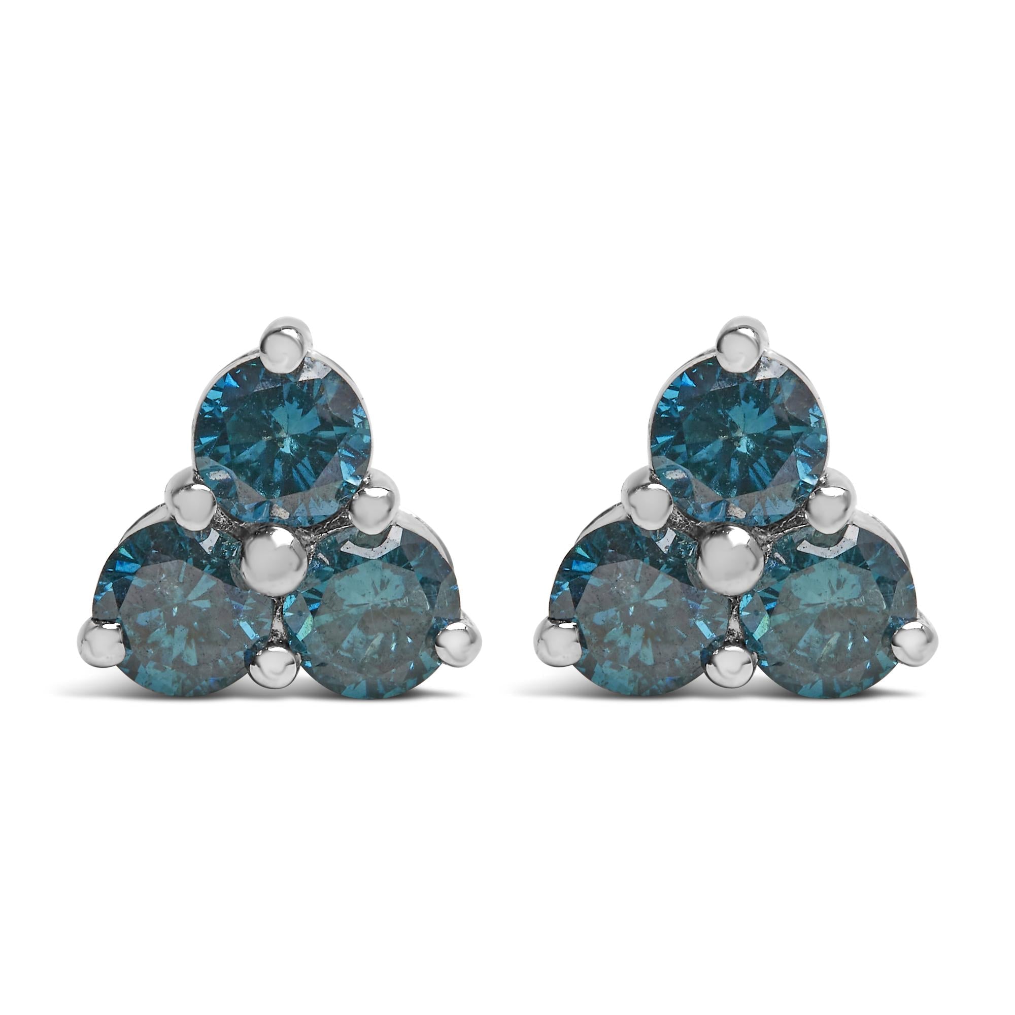 14KT White Gold Treated Blue Diamond Trio Stud Earrings (1 1/3 cttw, Blue) - Friggin Jewelry