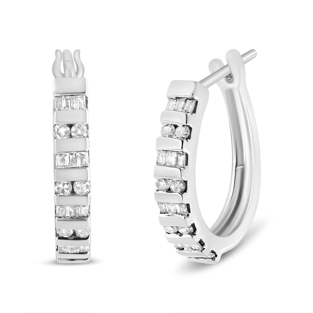 10K Gold Round and Baguette-Cut Diamond Hoop Earrings (I-J Color, I2-I3 Clarity) - Friggin Jewelry Premium