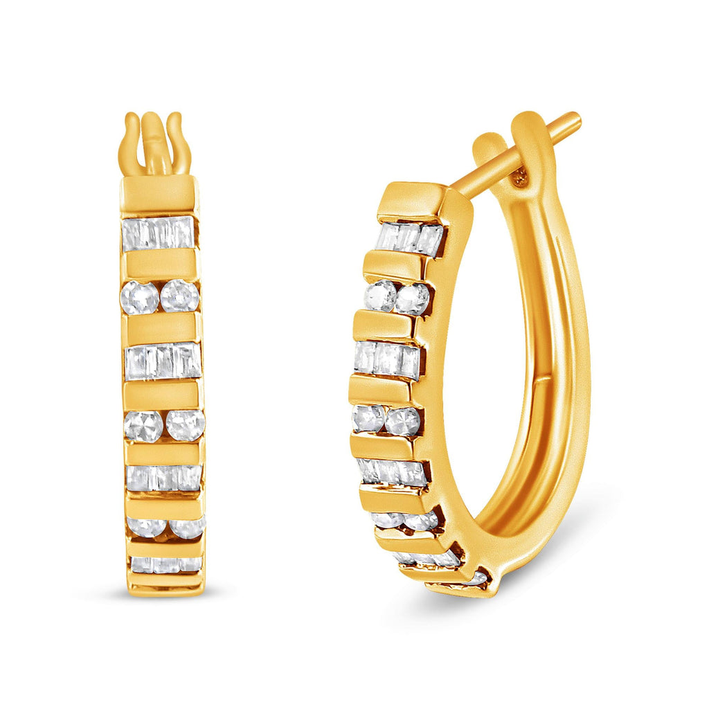 10K Gold Round and Baguette-Cut Diamond Hoop Earrings (I-J Color, I2-I3 Clarity) - Friggin Jewelry Premium