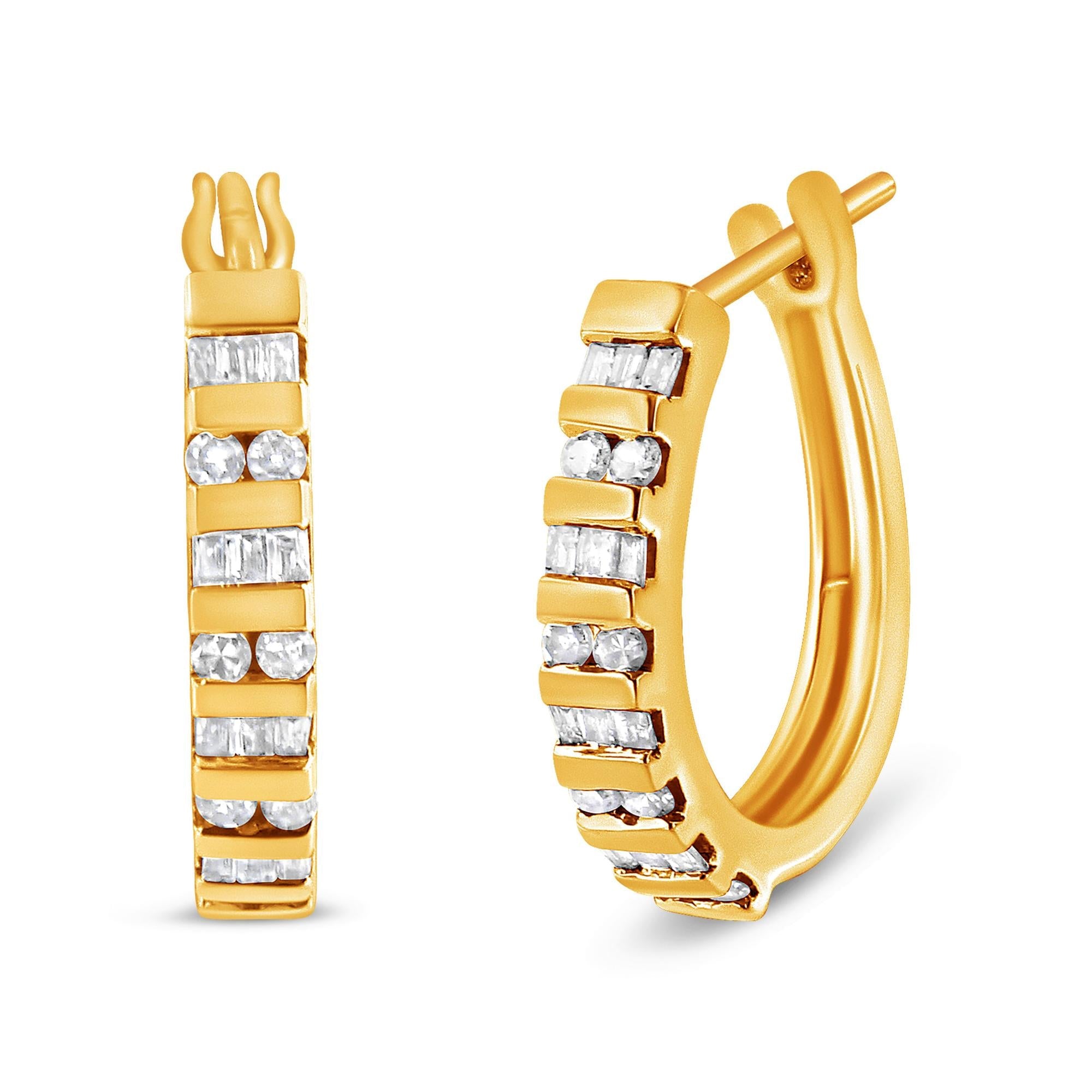 10K Gold Round and Baguette-Cut Diamond Hoop Earrings (I-J Color, I2-I3 Clarity) - Friggin Jewelry Premium