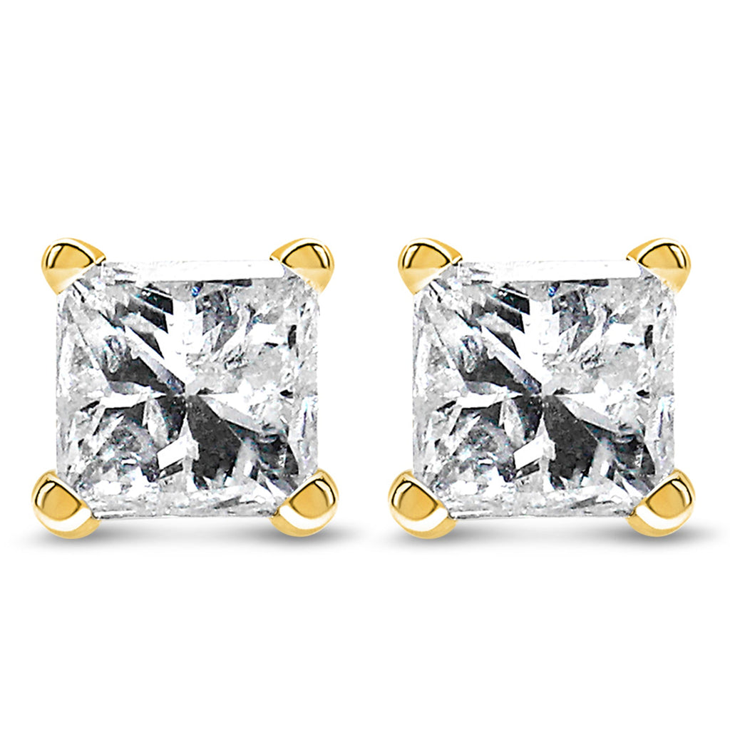 Aretes tipo botón con diamantes solitarios de talla princesa engastados en oro amarillo de 14 k con certificación IGI de 1/2 ct y 4 puntas (color MN, claridad SI2-I1) - Friggin Jewelry