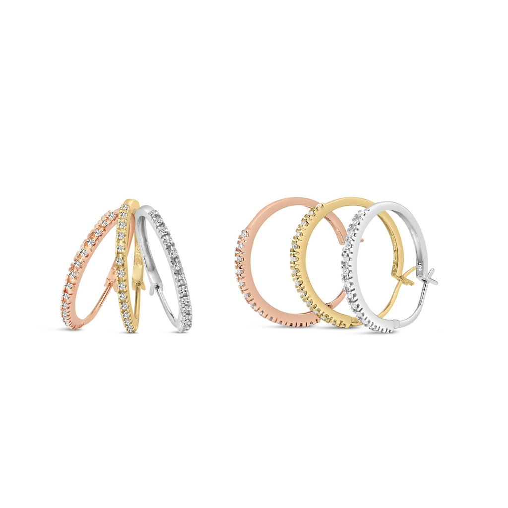 Orecchini a cerchio triplo in oro tricolore 14K con diamanti da 1/3 carati (colore IJ, purezza I2-I3) - 22 mm - Friggin Jewelry